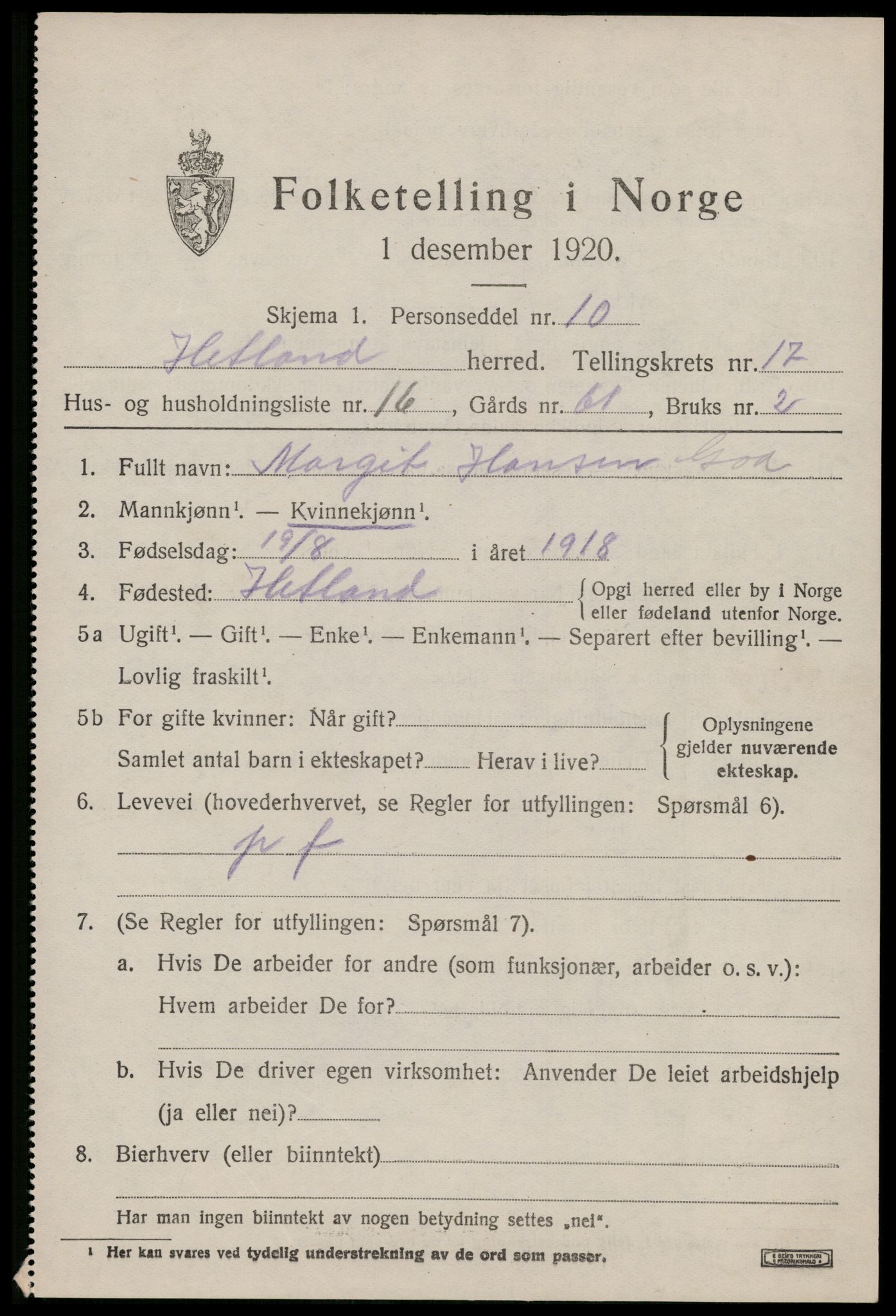 SAST, 1920 census for Hetland, 1920, p. 24707