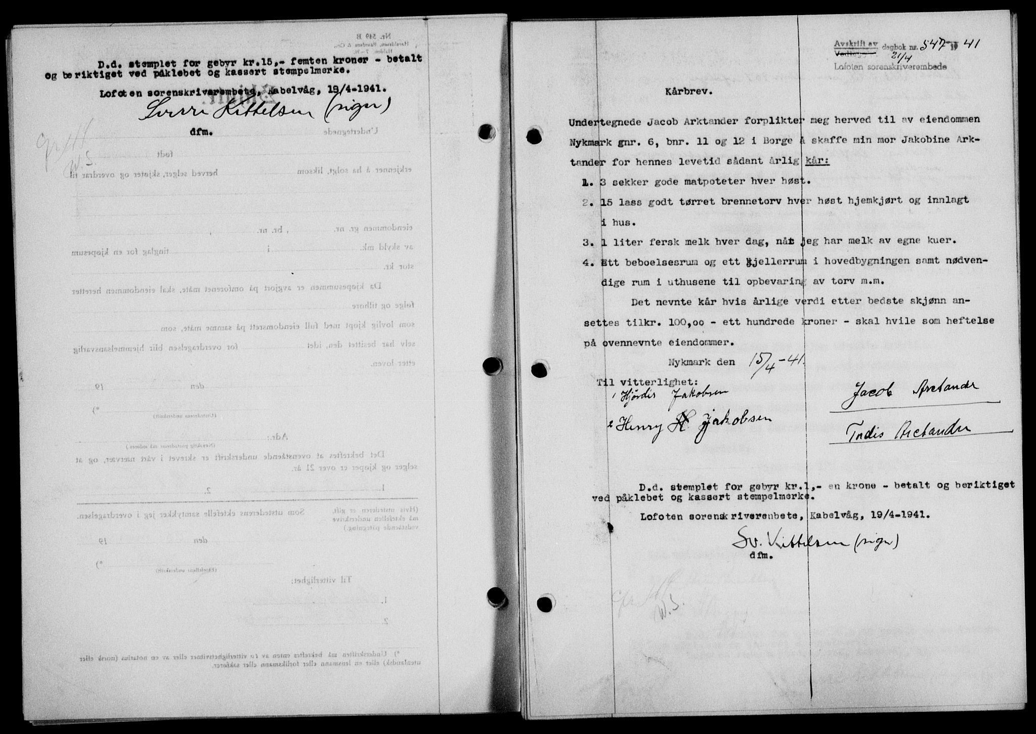 Lofoten sorenskriveri, SAT/A-0017/1/2/2C/L0008a: Mortgage book no. 8a, 1940-1941, Diary no: : 547/1941