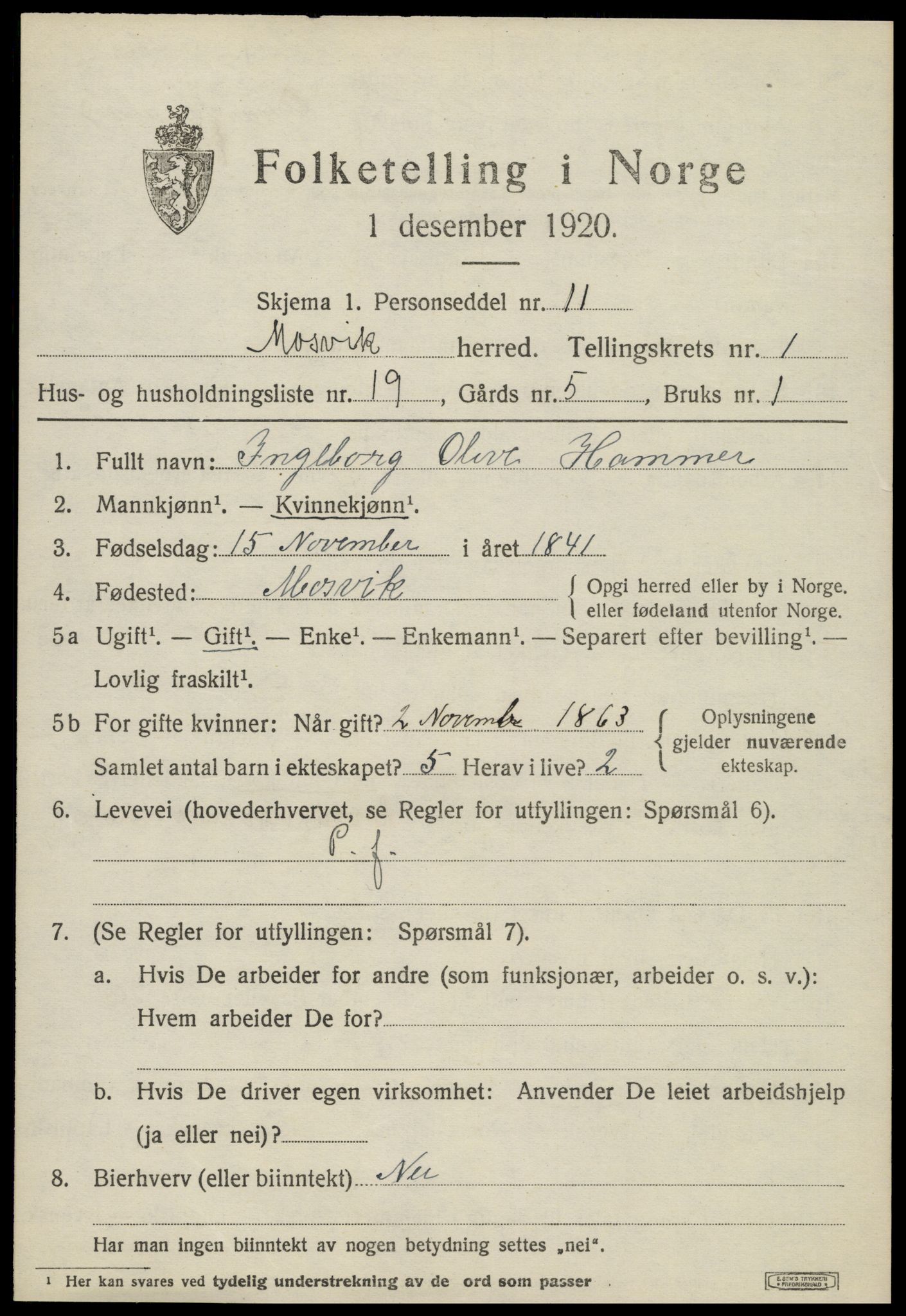 SAT, 1920 census for Mosvik, 1920, p. 560