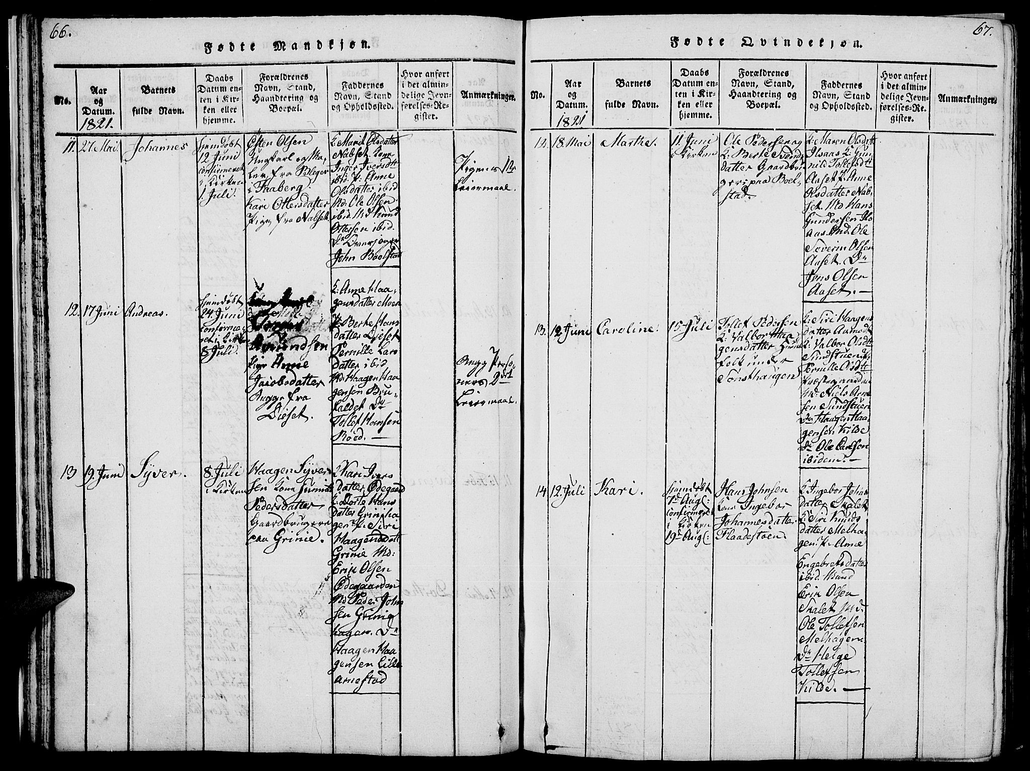 Åmot prestekontor, Hedmark, SAH/PREST-056/H/Ha/Hab/L0001: Parish register (copy) no. 1, 1815-1847, p. 66-67
