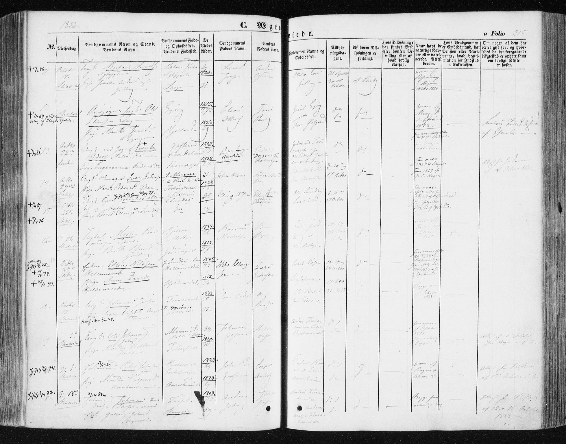 Ministerialprotokoller, klokkerbøker og fødselsregistre - Nord-Trøndelag, AV/SAT-A-1458/723/L0240: Parish register (official) no. 723A09, 1852-1860, p. 215