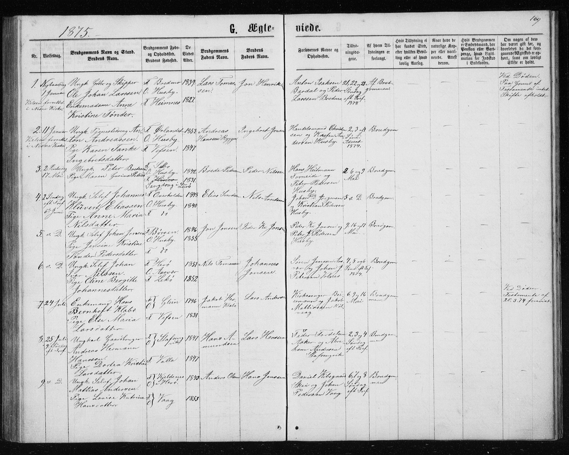 Ministerialprotokoller, klokkerbøker og fødselsregistre - Nordland, AV/SAT-A-1459/835/L0531: Parish register (copy) no. 835C03, 1865-1877, p. 109