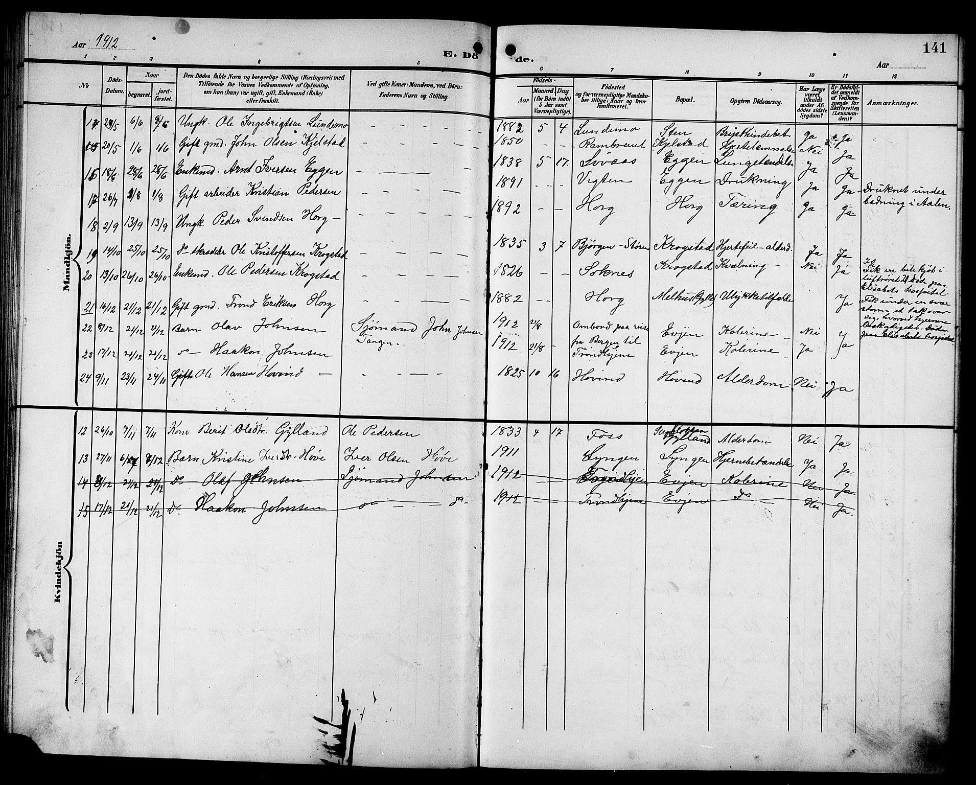 Ministerialprotokoller, klokkerbøker og fødselsregistre - Sør-Trøndelag, SAT/A-1456/692/L1112: Parish register (copy) no. 692C07, 1904-1918, p. 141