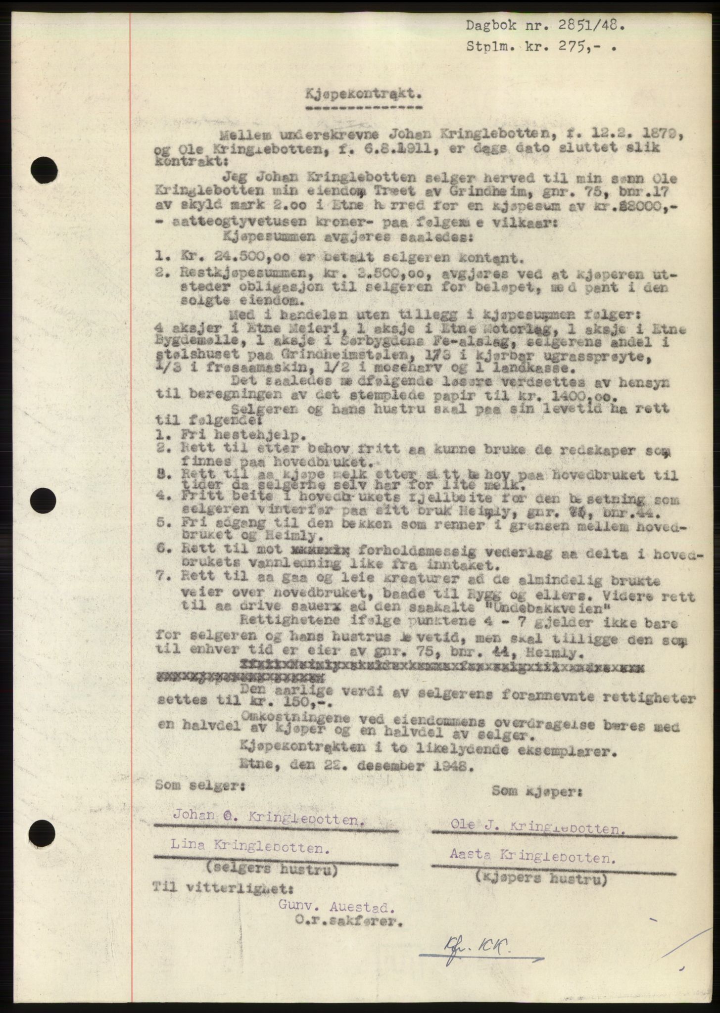 Sunnhordland sorenskrivar, AV/SAB-A-2401: Mortgage book no. B75-79, 1948-1950, Diary no: : 2851/1948