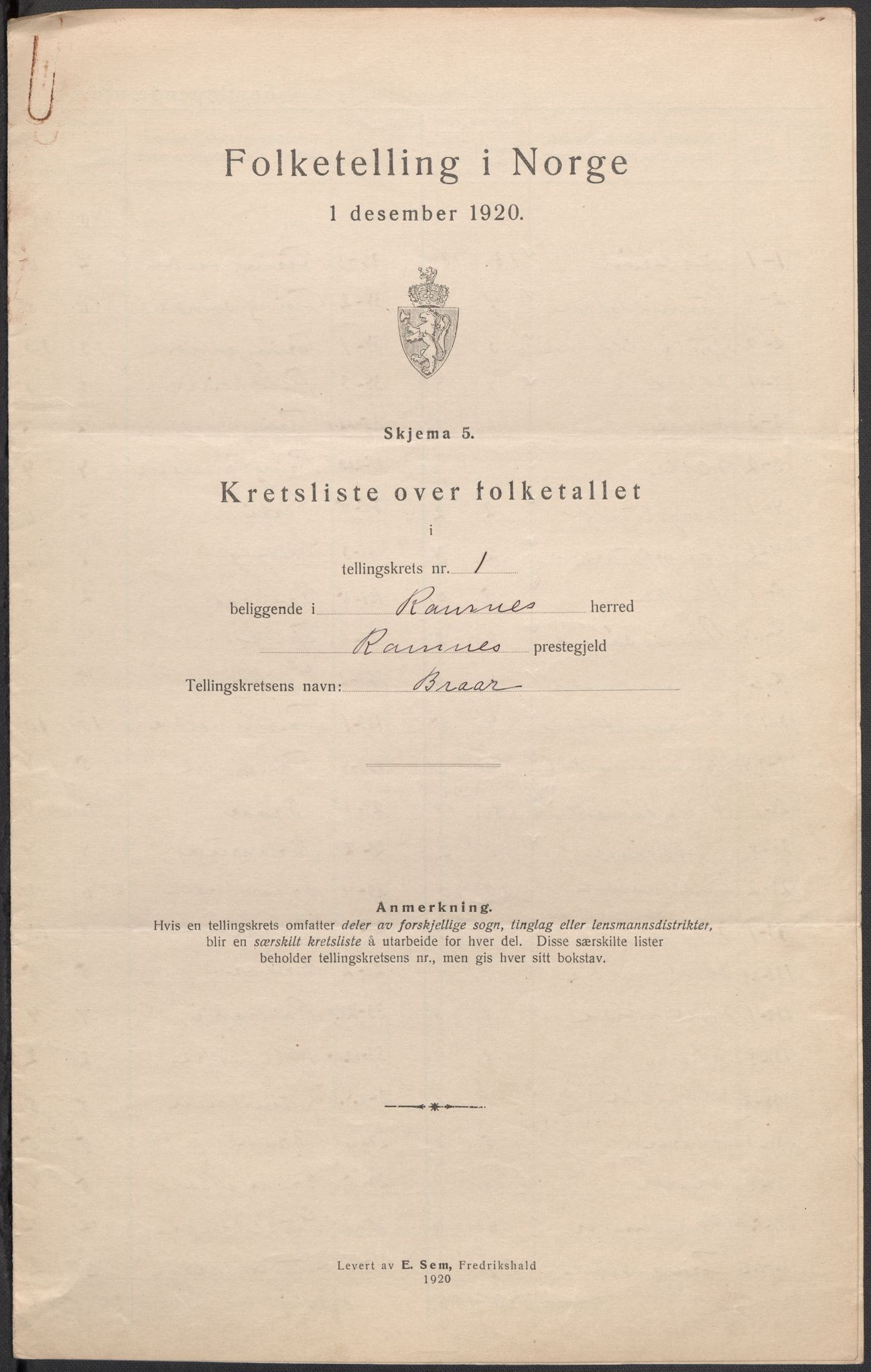SAKO, 1920 census for Ramnes, 1920, p. 5