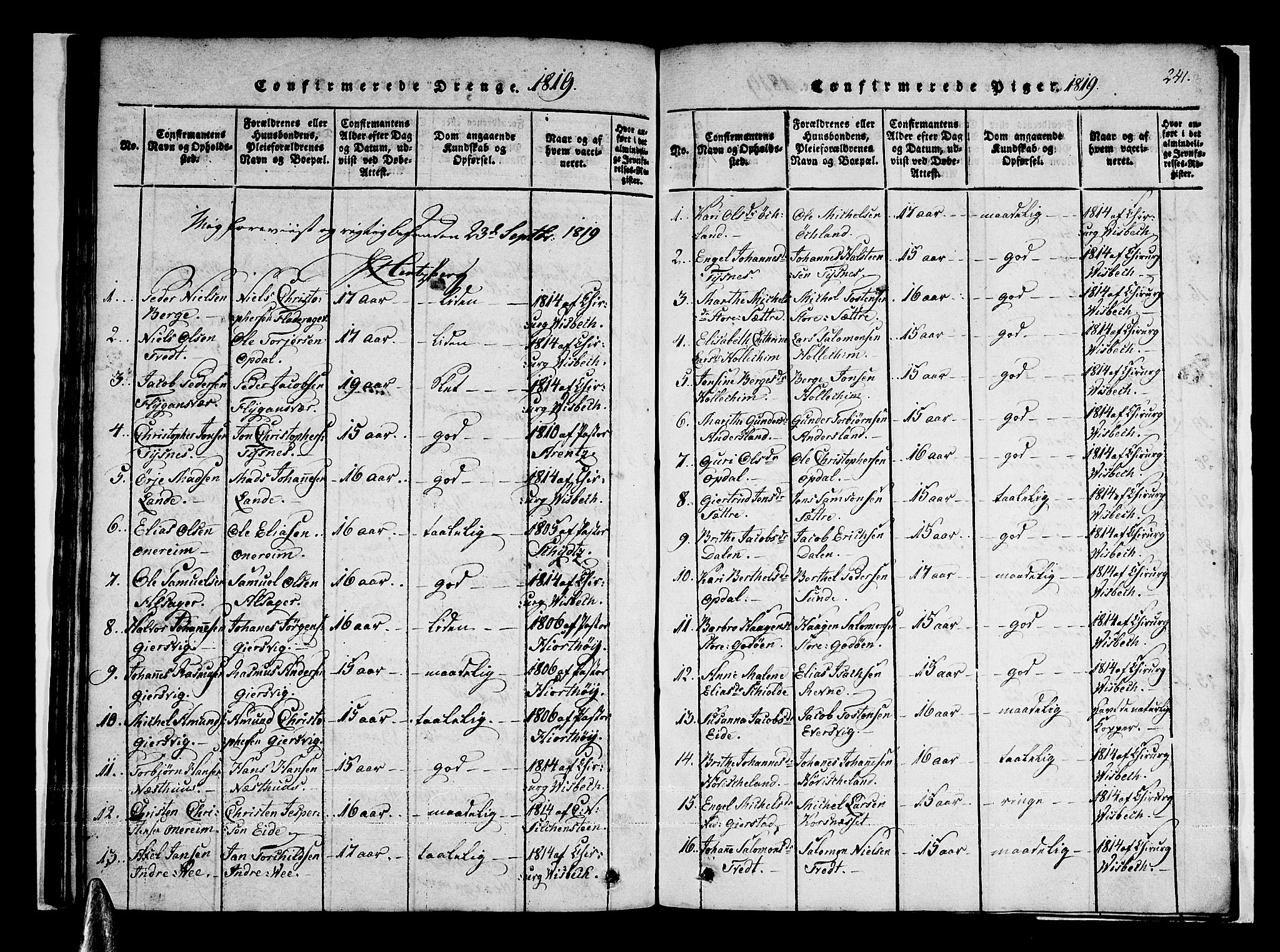 Tysnes sokneprestembete, AV/SAB-A-78601/H/Haa: Parish register (official) no. A 7, 1816-1826, p. 241