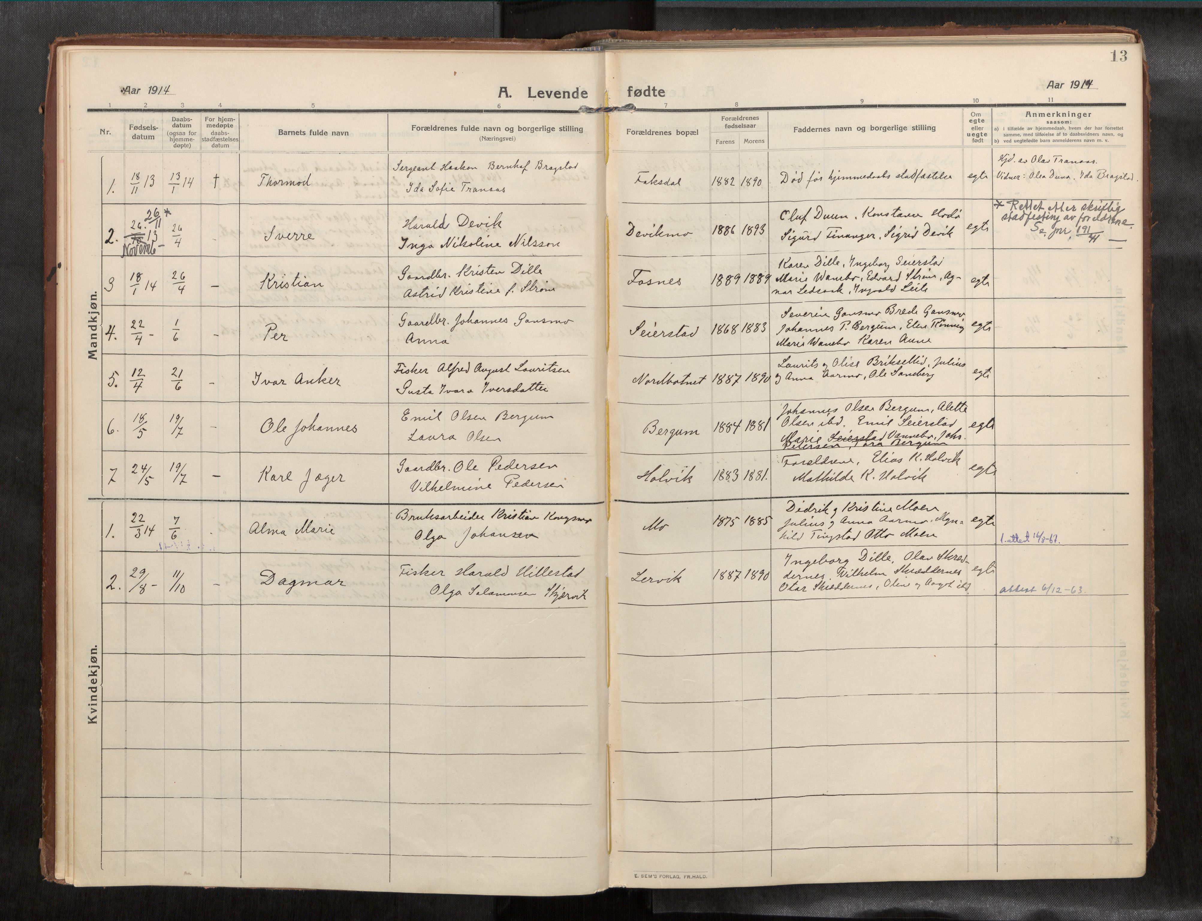 Ministerialprotokoller, klokkerbøker og fødselsregistre - Nord-Trøndelag, SAT/A-1458/773/L0624a: Parish register (official) no. 773A16, 1910-1936, p. 13