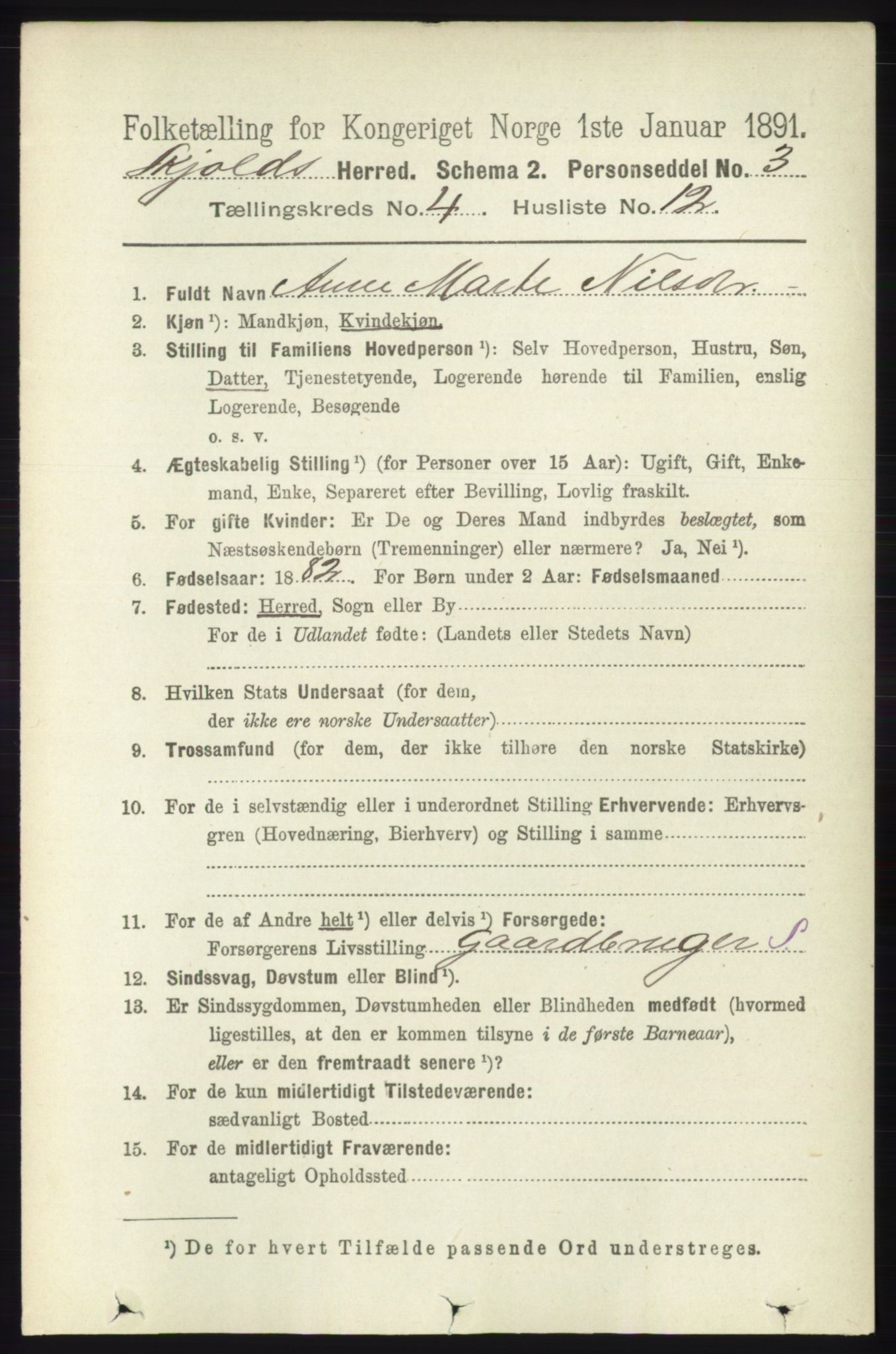 RA, 1891 census for 1154 Skjold, 1891, p. 604