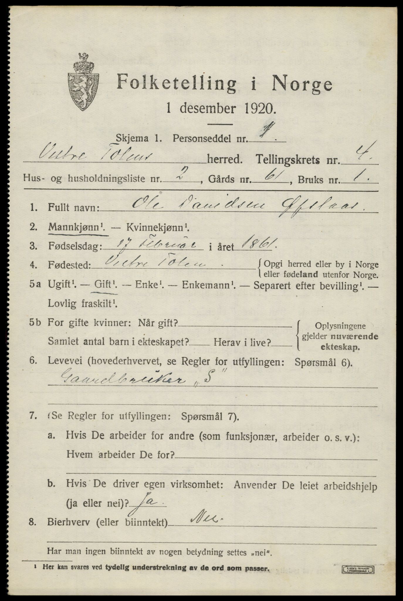 SAH, 1920 census for Vestre Toten, 1920, p. 5556