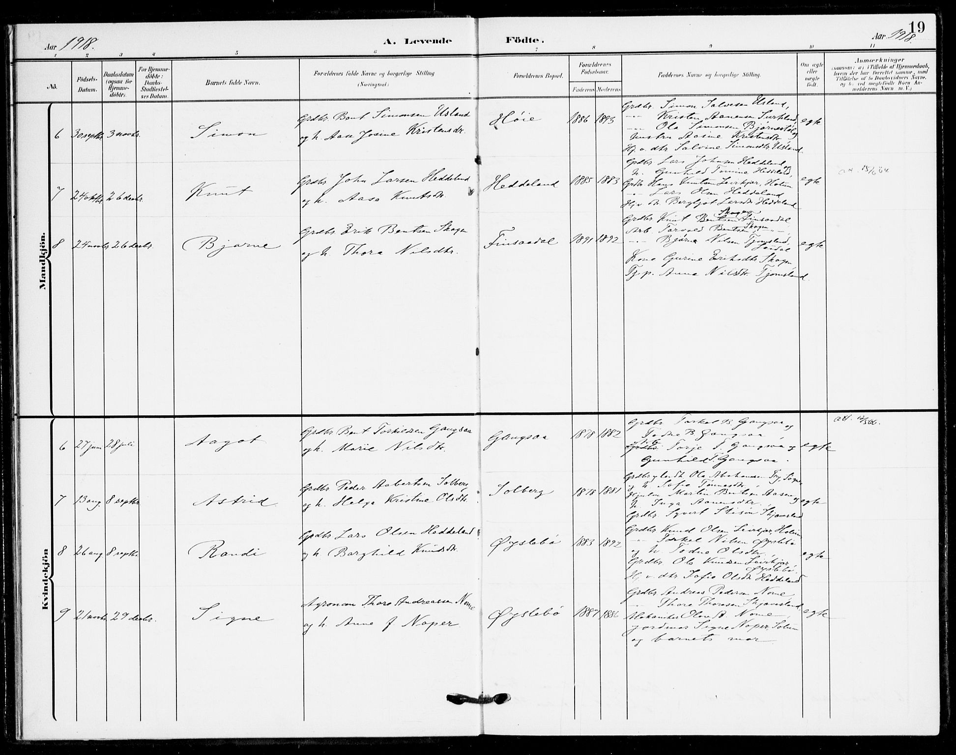 Holum sokneprestkontor, AV/SAK-1111-0022/F/Fa/Fac/L0005: Parish register (official) no. A 5, 1908-1930, p. 19