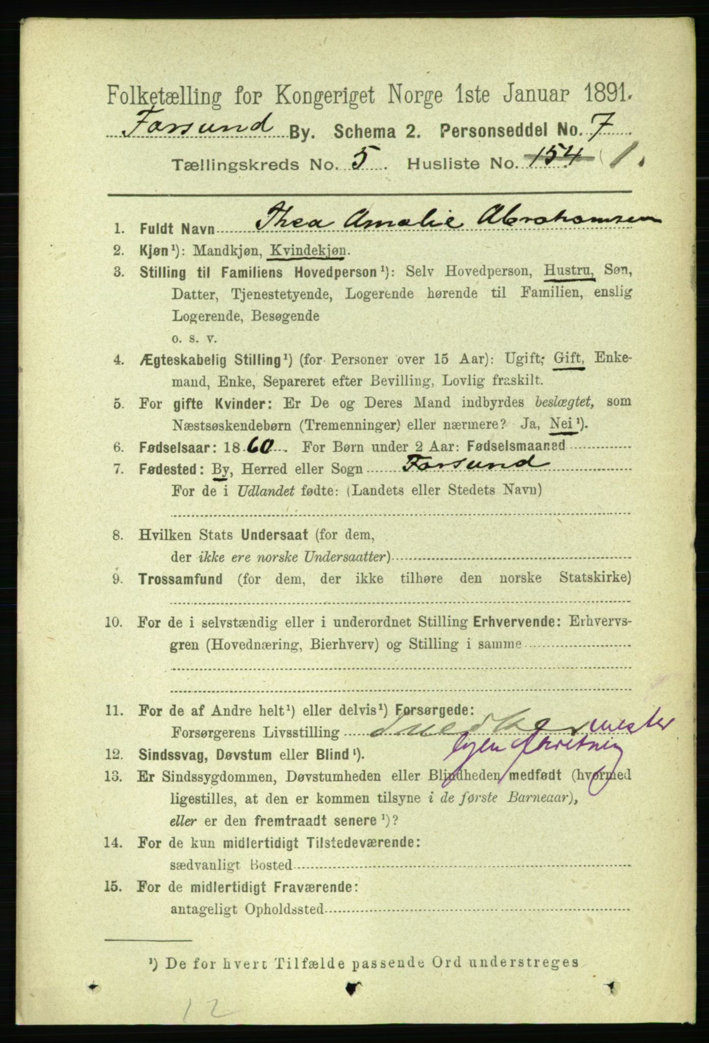 RA, 1891 census for 1003 Farsund, 1891, p. 1952