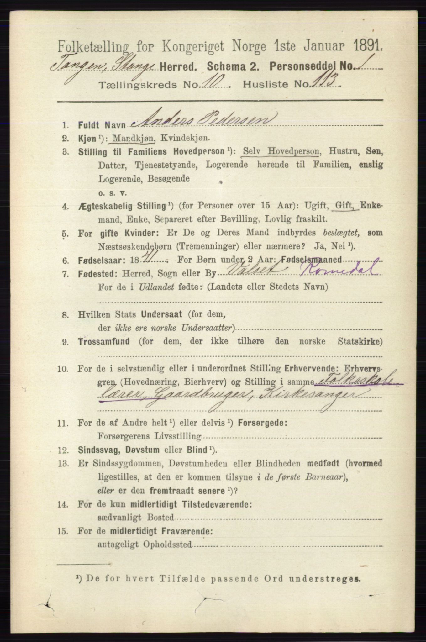 RA, 1891 census for 0417 Stange, 1891, p. 7420