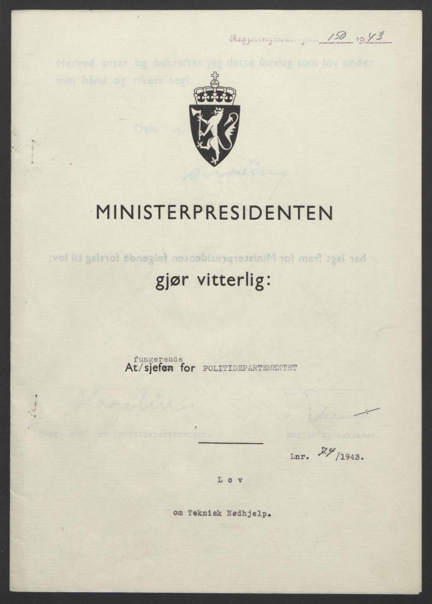 NS-administrasjonen 1940-1945 (Statsrådsekretariatet, de kommisariske statsråder mm), RA/S-4279/D/Db/L0099: Lover, 1943, p. 336