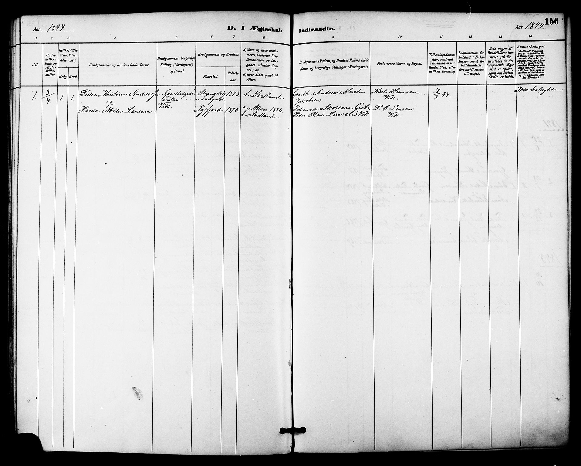 Ministerialprotokoller, klokkerbøker og fødselsregistre - Nordland, AV/SAT-A-1459/895/L1371: Parish register (official) no. 895A06, 1885-1894, p. 156