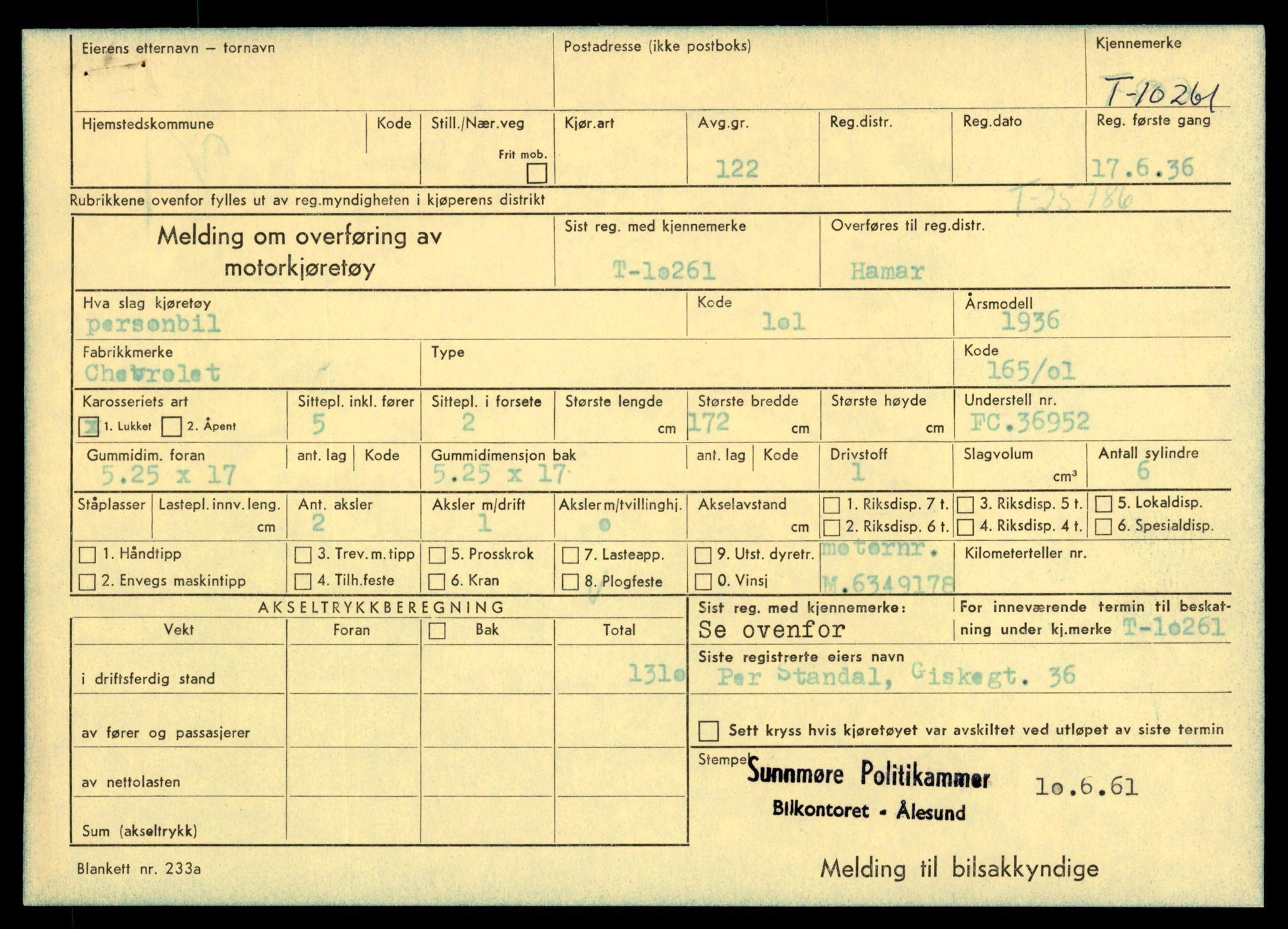 Møre og Romsdal vegkontor - Ålesund trafikkstasjon, AV/SAT-A-4099/F/Fe/L0019: Registreringskort for kjøretøy T 10228 - T 10350, 1927-1998, p. 855