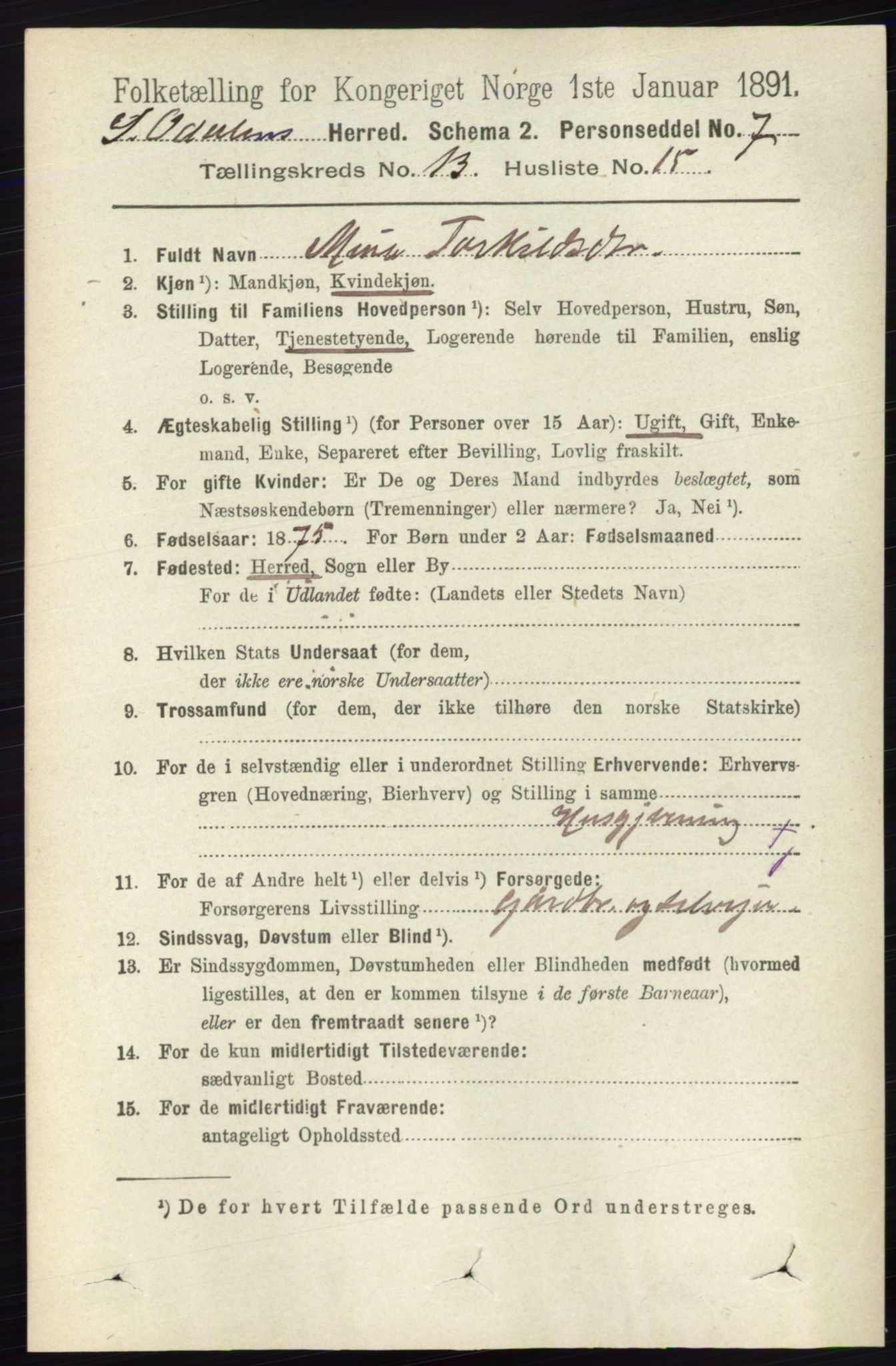 RA, 1891 census for 0419 Sør-Odal, 1891, p. 5671