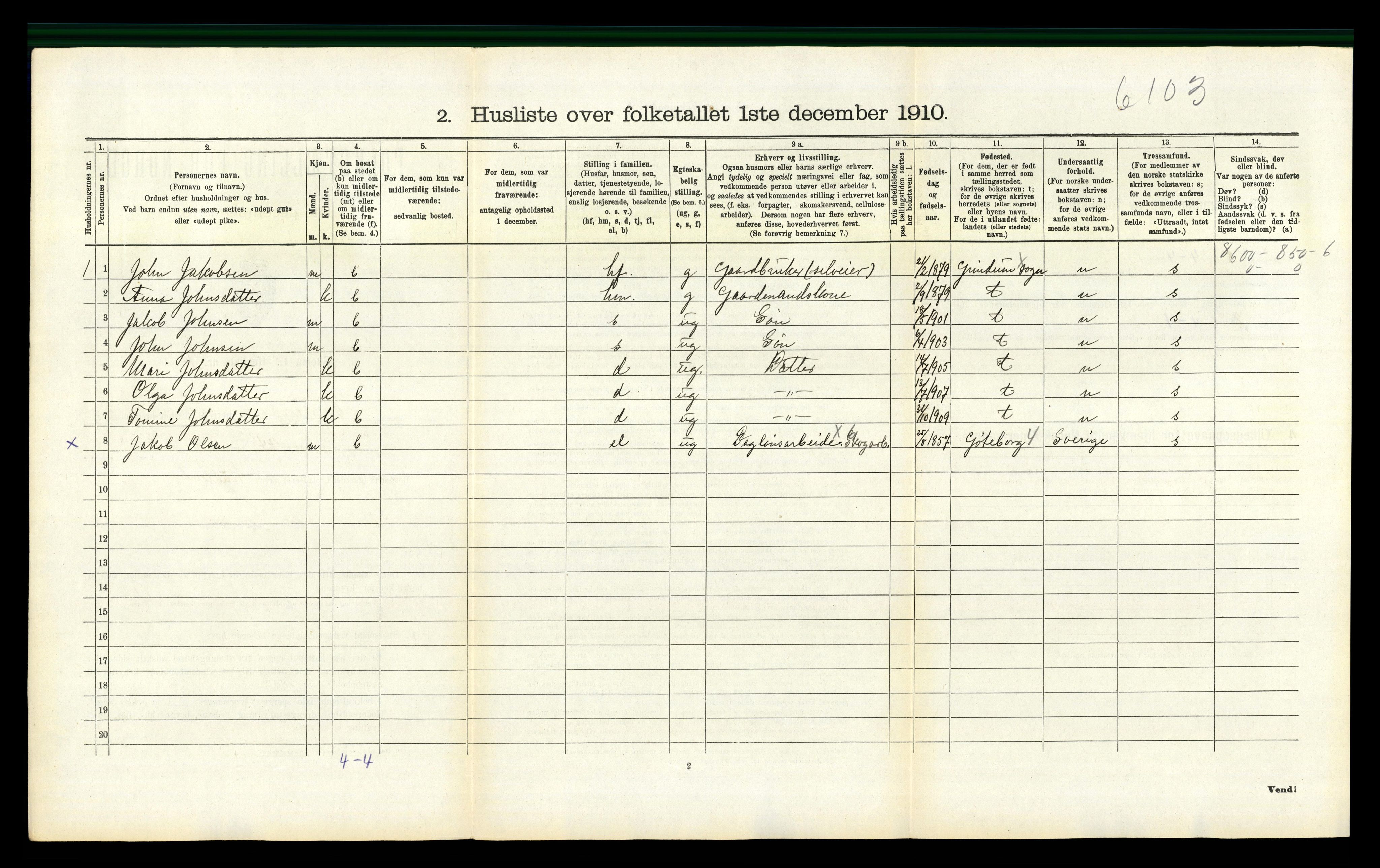 RA, 1910 census for Bjelland, 1910, p. 299