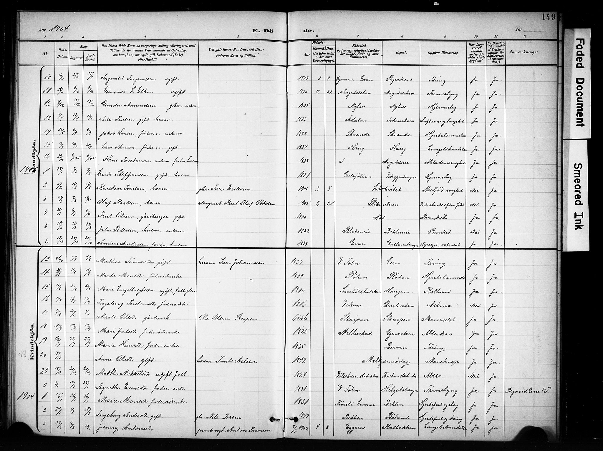 Brandbu prestekontor, SAH/PREST-114/H/Ha/Hab/L0005: Parish register (copy) no. 5, 1900-1913, p. 149