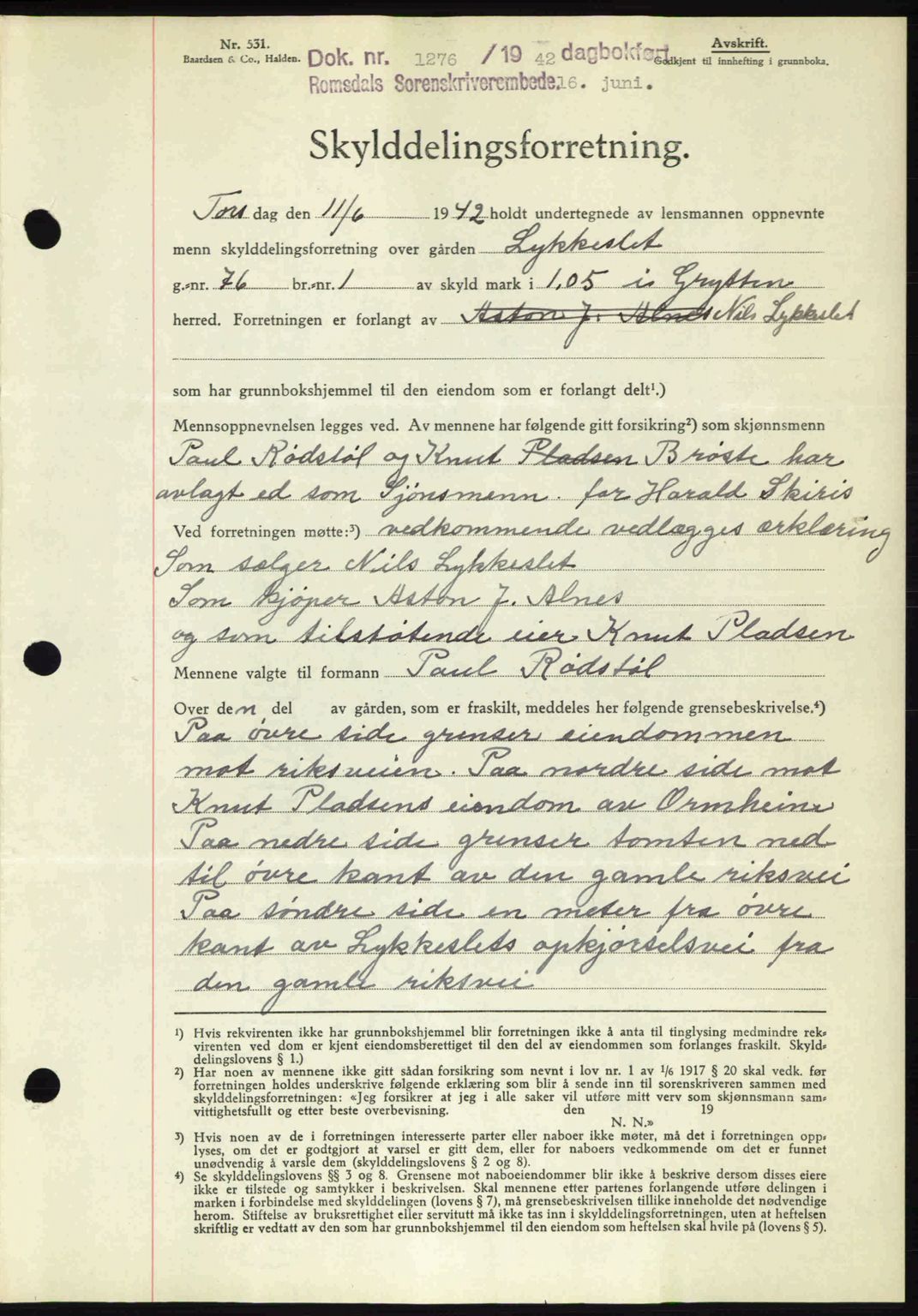 Romsdal sorenskriveri, AV/SAT-A-4149/1/2/2C: Mortgage book no. A12, 1942-1942, Diary no: : 1276/1942