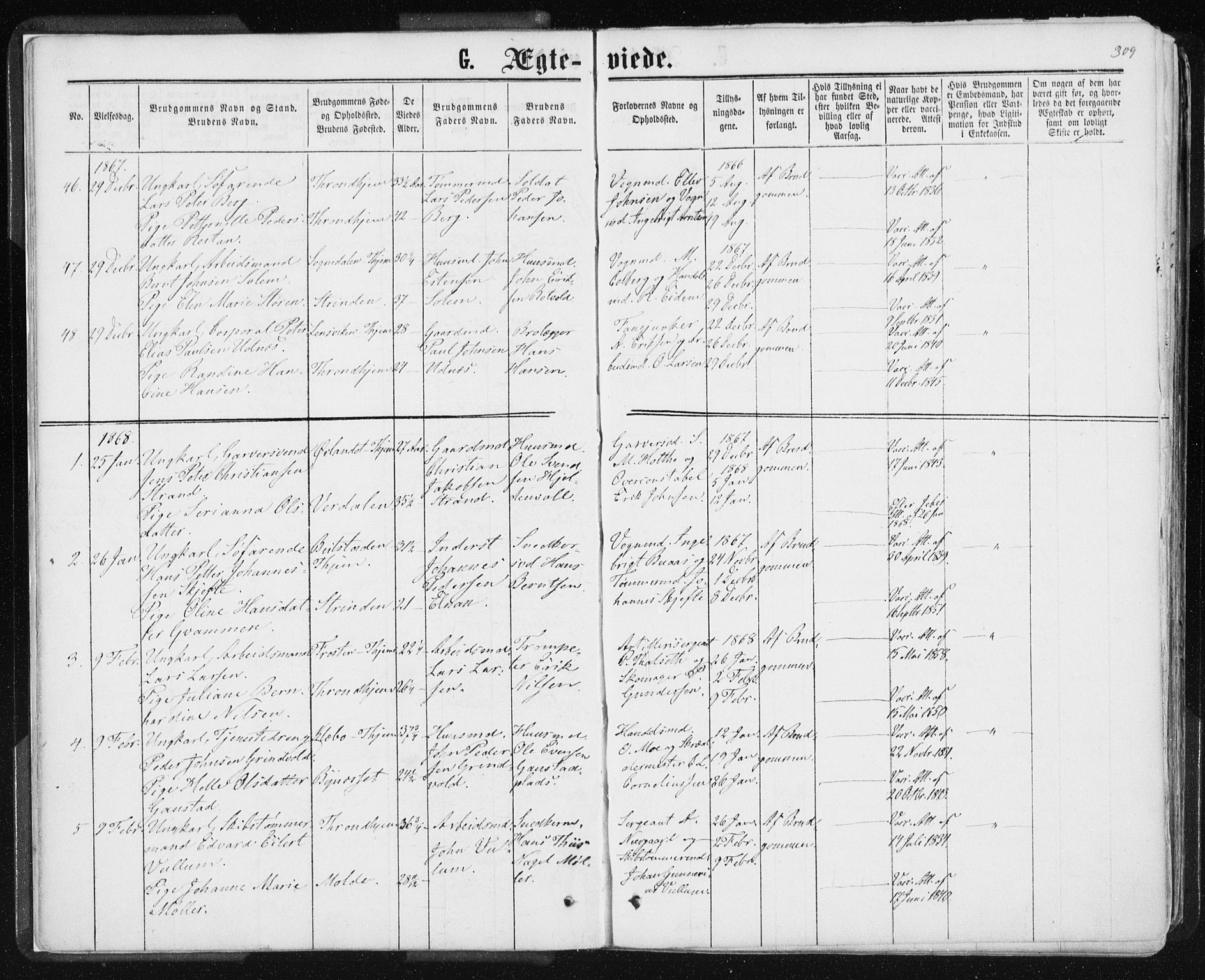 Ministerialprotokoller, klokkerbøker og fødselsregistre - Sør-Trøndelag, SAT/A-1456/601/L0055: Parish register (official) no. 601A23, 1866-1877, p. 309