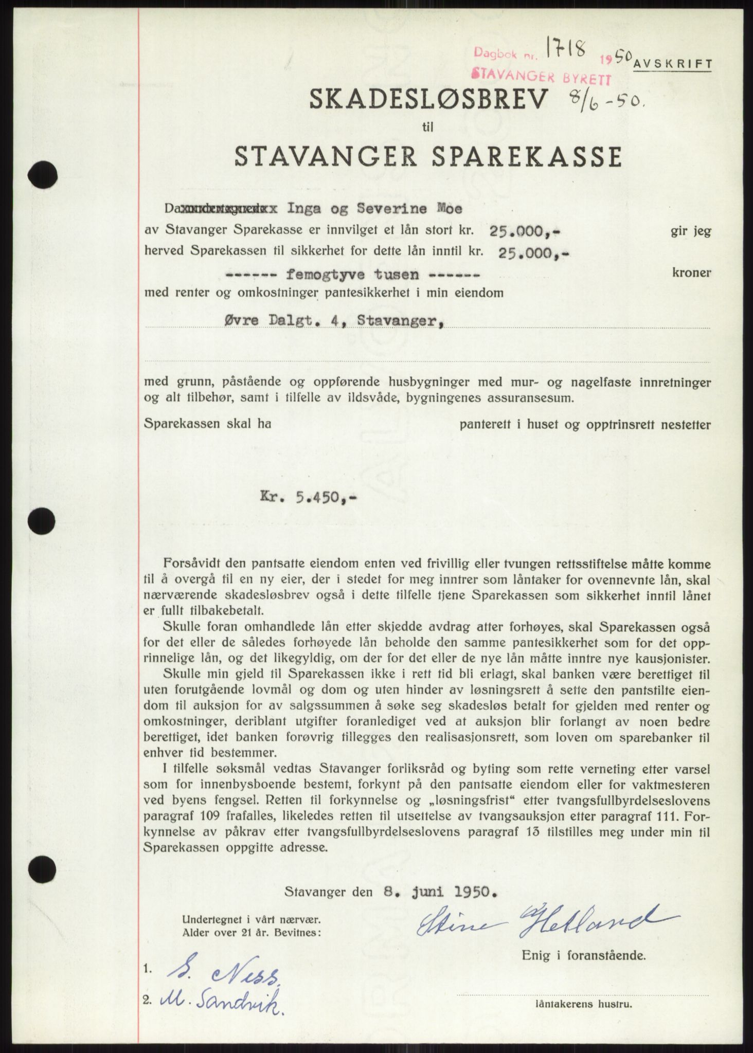Stavanger byrett, SAST/A-100455/002/G/Gb/L0032: Mortgage book, 1947-1950, Diary no: : 1718/1950