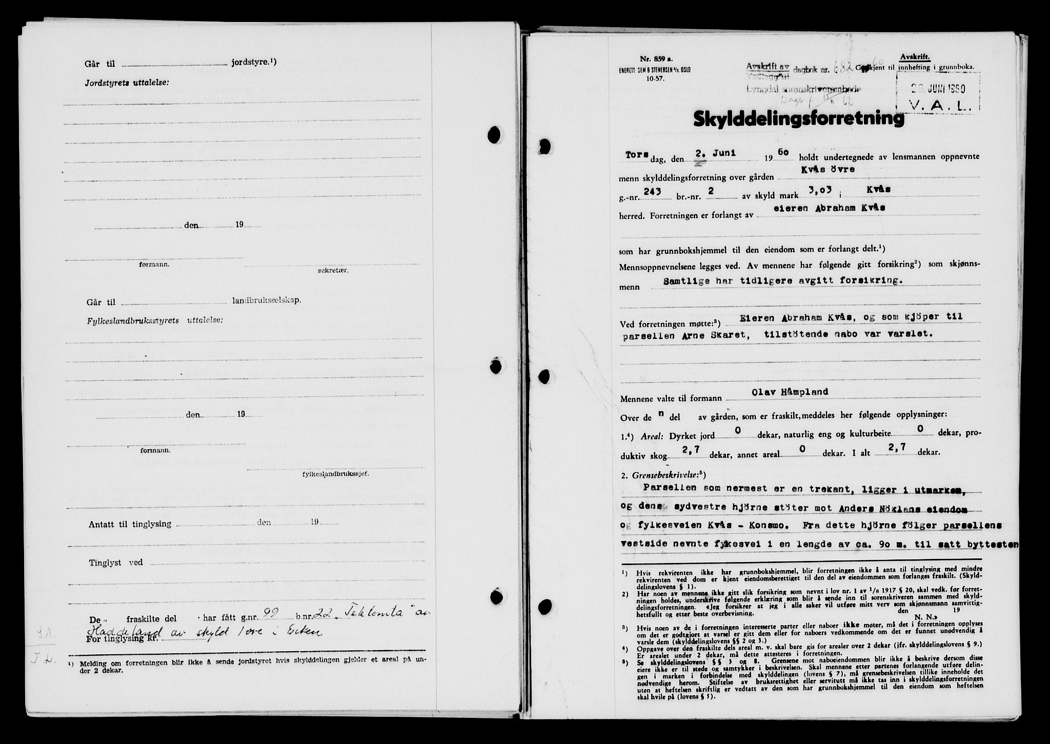 Lyngdal sorenskriveri, AV/SAK-1221-0004/G/Gb/L0680: Mortgage book no. A XXVI, 1960-1960, Diary no: : 682/1960