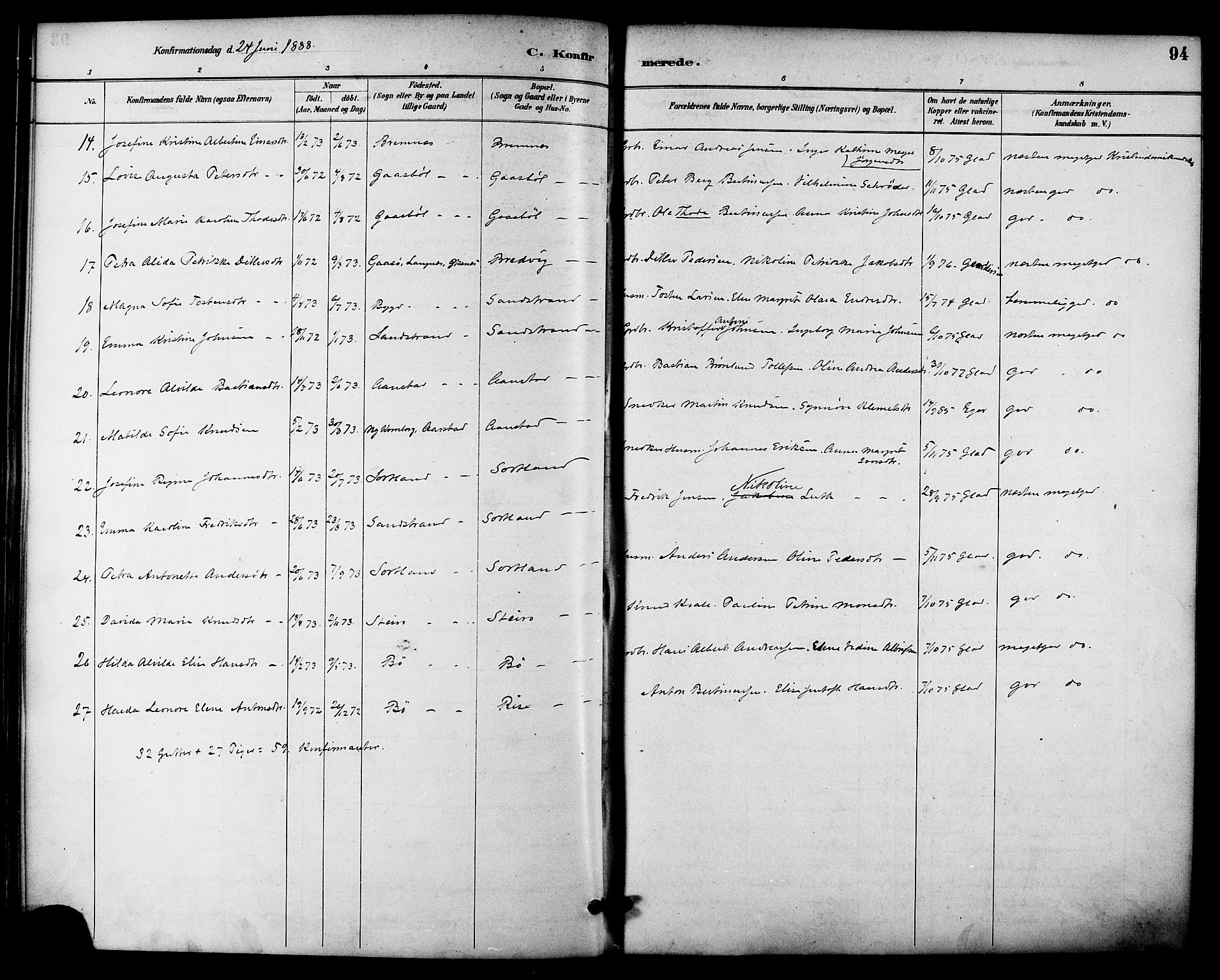 Ministerialprotokoller, klokkerbøker og fødselsregistre - Nordland, AV/SAT-A-1459/895/L1371: Parish register (official) no. 895A06, 1885-1894, p. 94