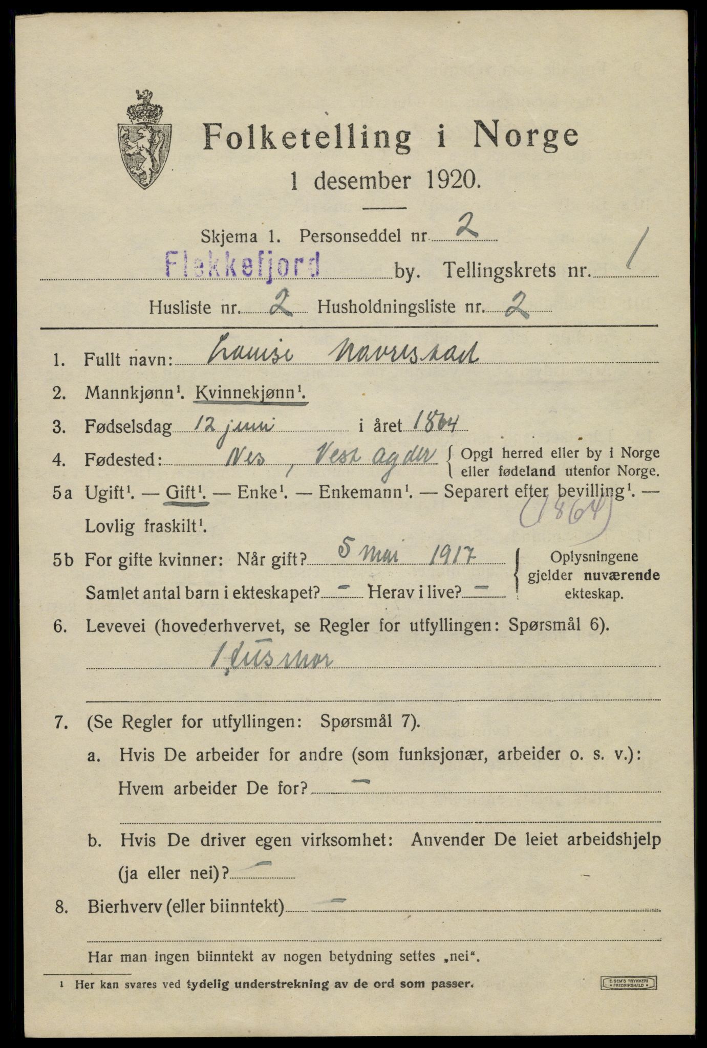 SAK, 1920 census for Flekkefjord, 1920, p. 1920