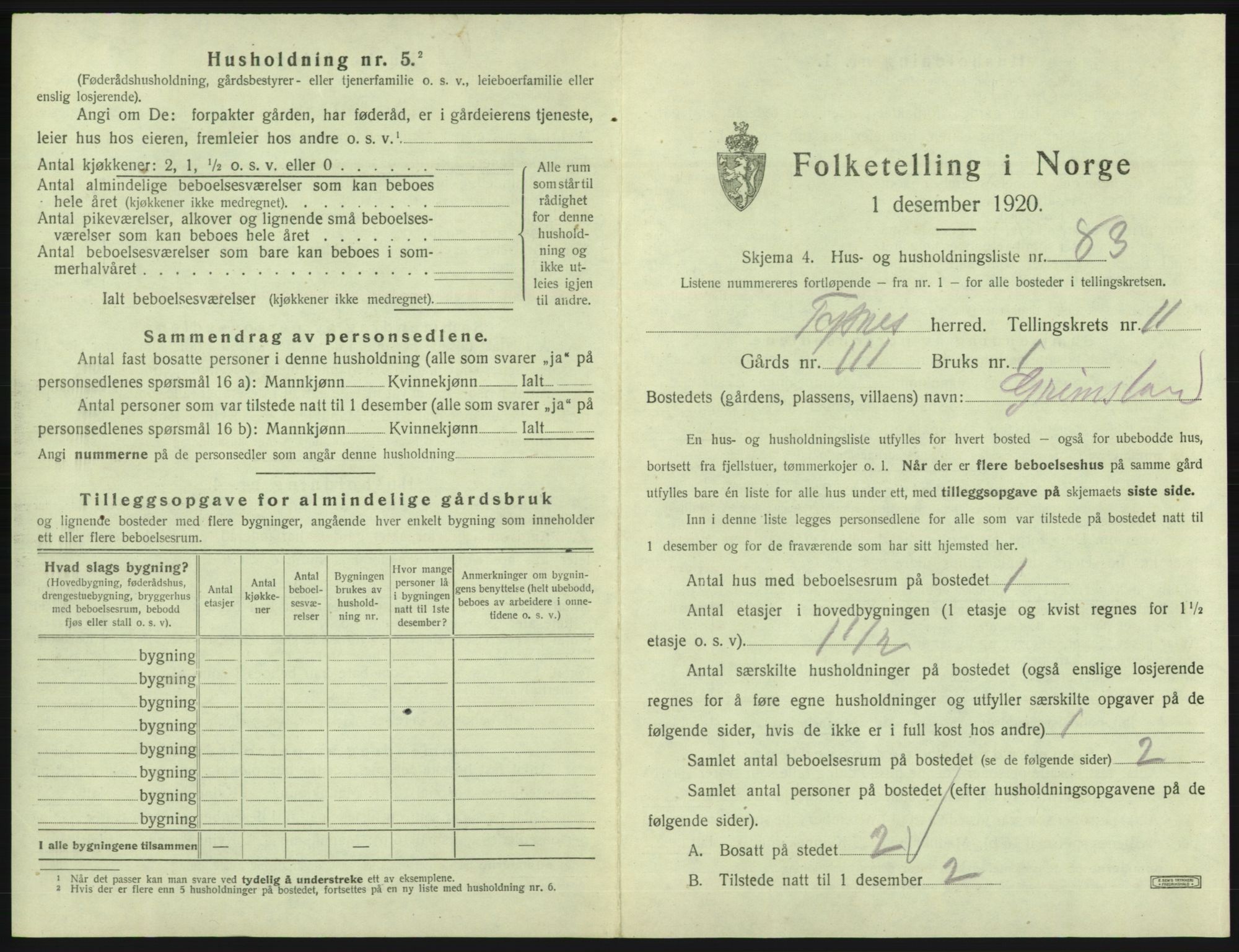 SAB, 1920 census for Tysnes, 1920, p. 1216