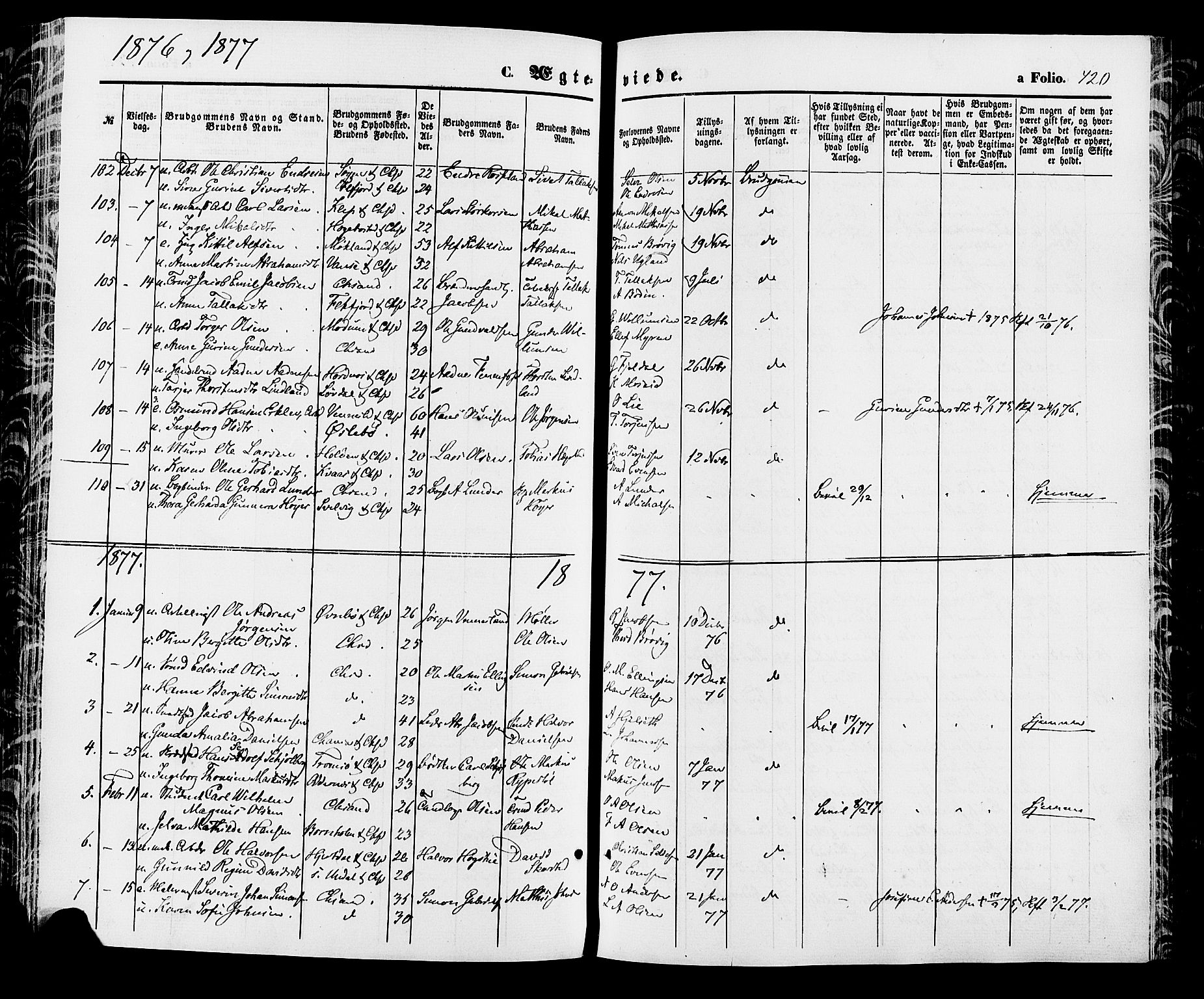 Kristiansand domprosti, SAK/1112-0006/F/Fa/L0015: Parish register (official) no. A 15, 1867-1880, p. 420