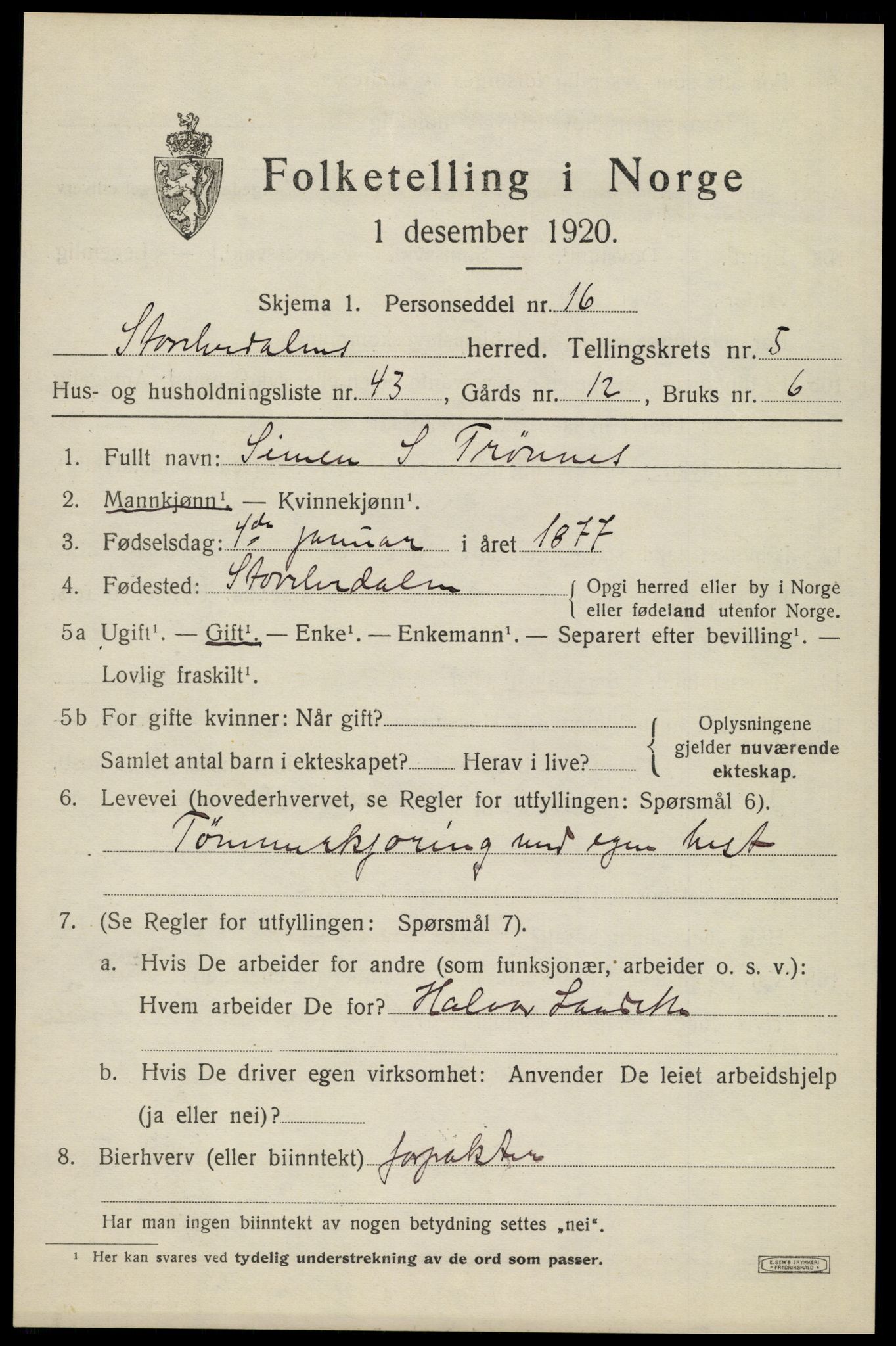 SAH, 1920 census for Stor-Elvdal, 1920, p. 4910