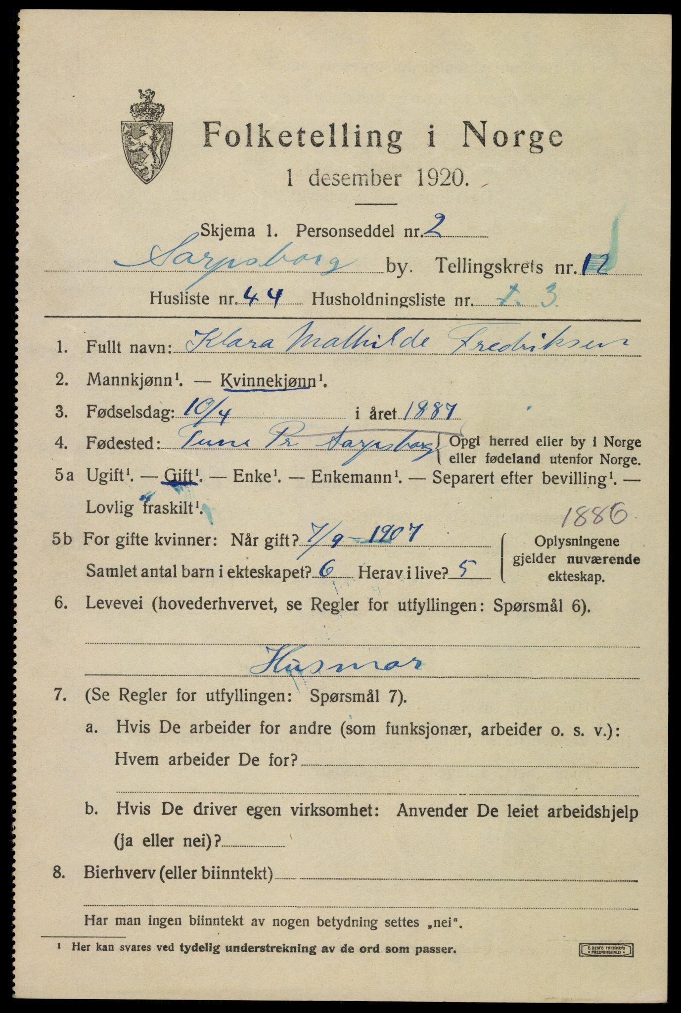 SAO, 1920 census for Sarpsborg, 1920, p. 26054