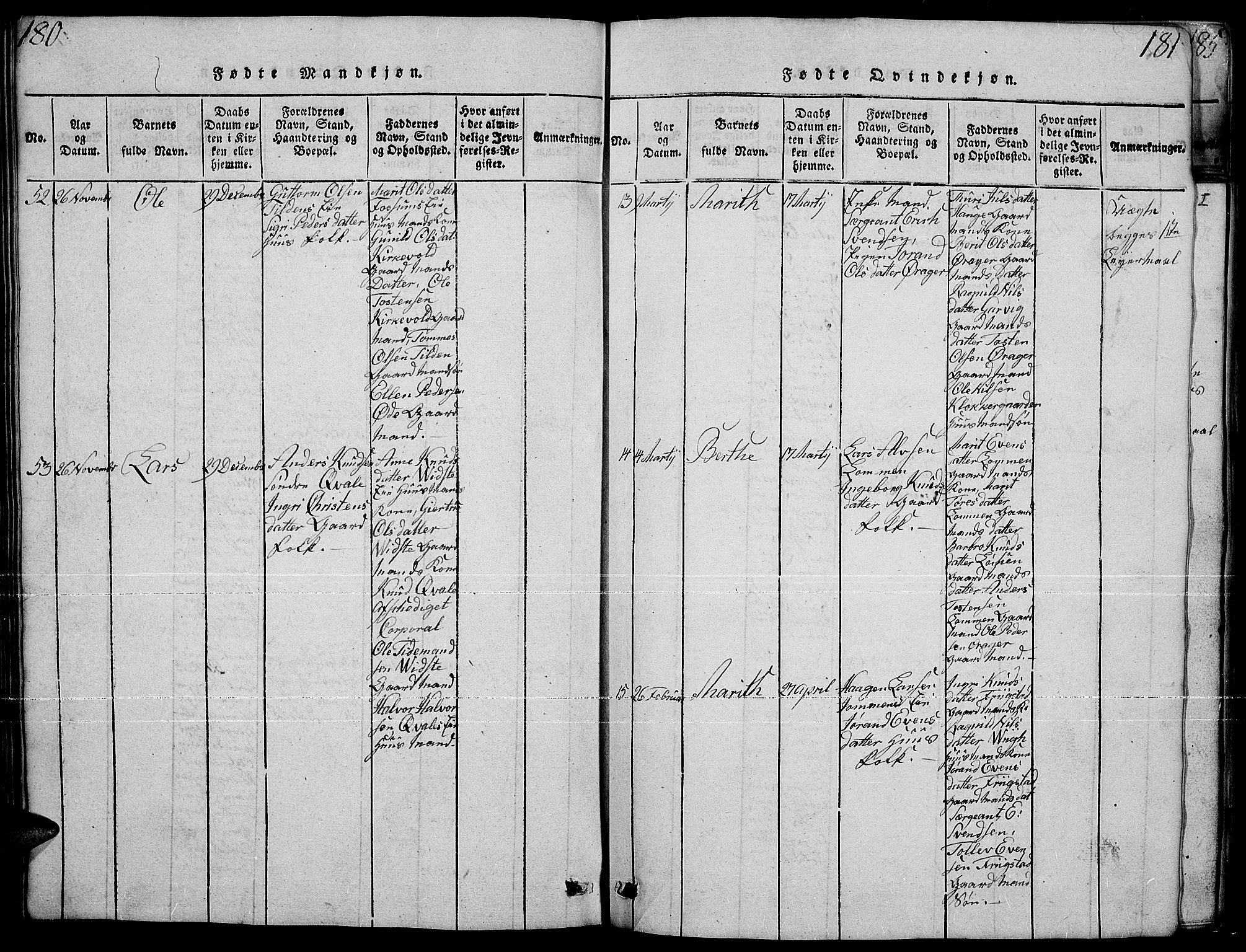 Slidre prestekontor, AV/SAH-PREST-134/H/Ha/Hab/L0001: Parish register (copy) no. 1, 1814-1838, p. 180-181