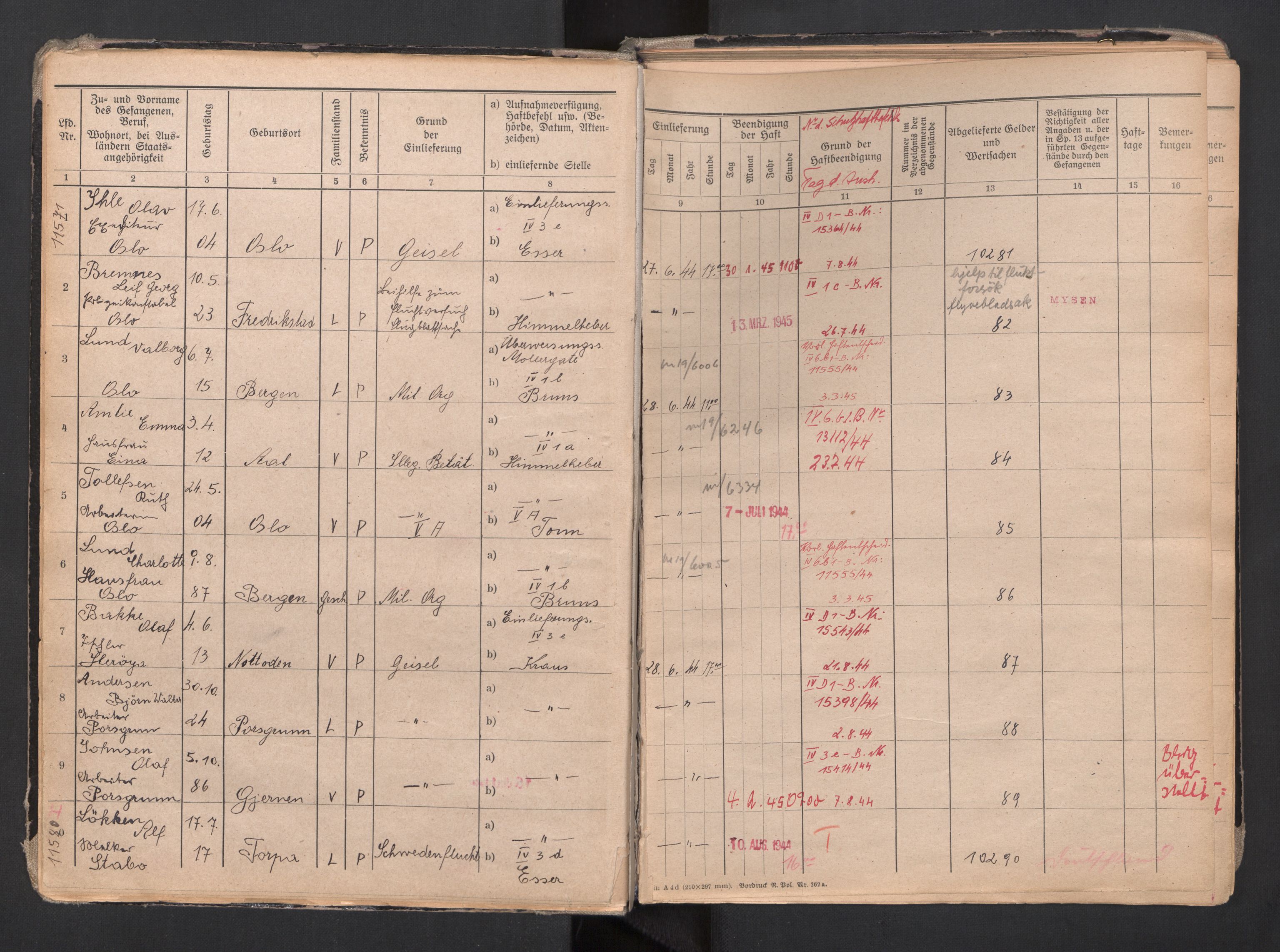 Befehlshaber der Sicherheitspolizei und des SD, AV/RA-RAFA-5969/F/Fa/Faa/L0007: Fangeprotokoll. - Gefangenen-Buch B. Fangenr. 11481-12000 og 13061-13930., 1944