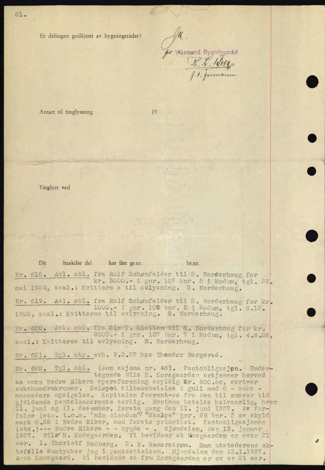 Eiker, Modum og Sigdal sorenskriveri, SAKO/A-123/G/Ga/Gab/L0035: Mortgage book no. A5, 1937-1937, Diary no: : 618/1937