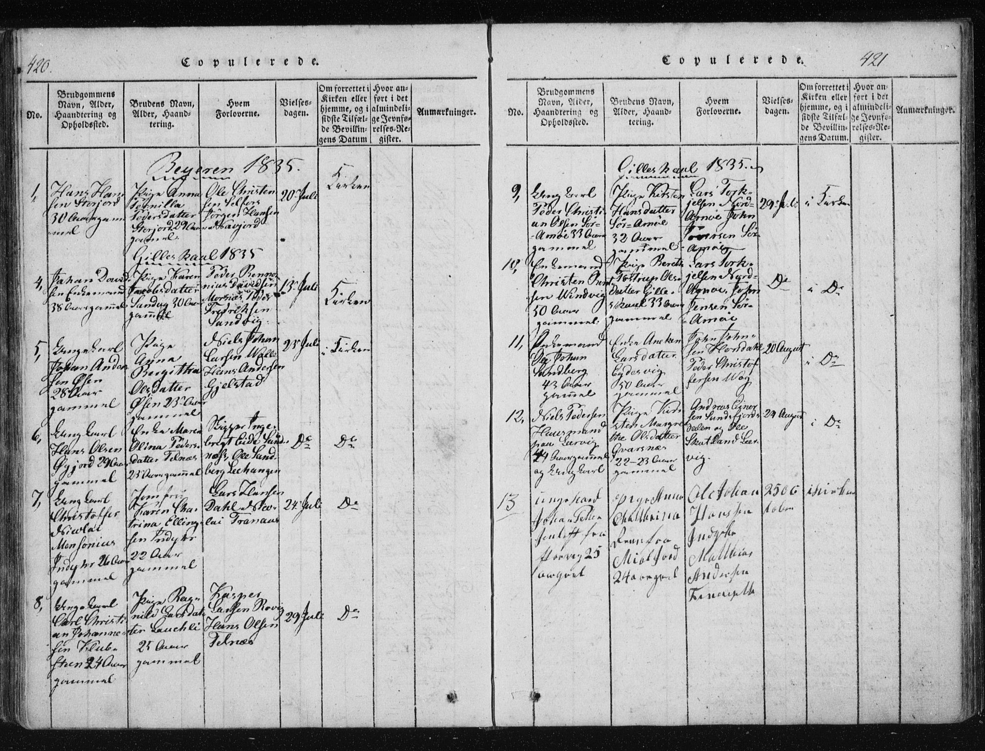Ministerialprotokoller, klokkerbøker og fødselsregistre - Nordland, SAT/A-1459/805/L0096: Parish register (official) no. 805A03, 1820-1837, p. 420-421