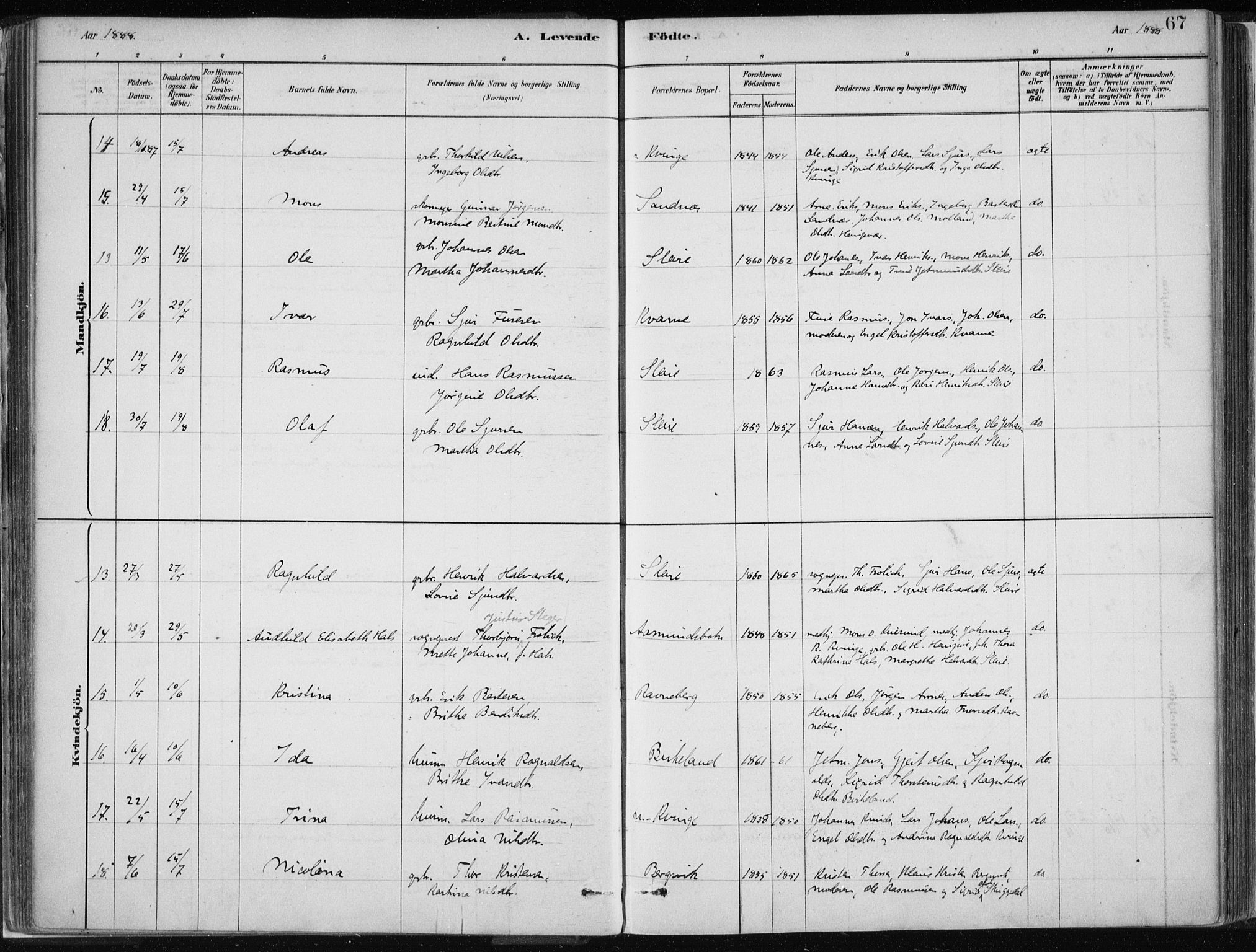 Masfjorden Sokneprestembete, AV/SAB-A-77001: Parish register (official) no. B  1, 1876-1899, p. 67