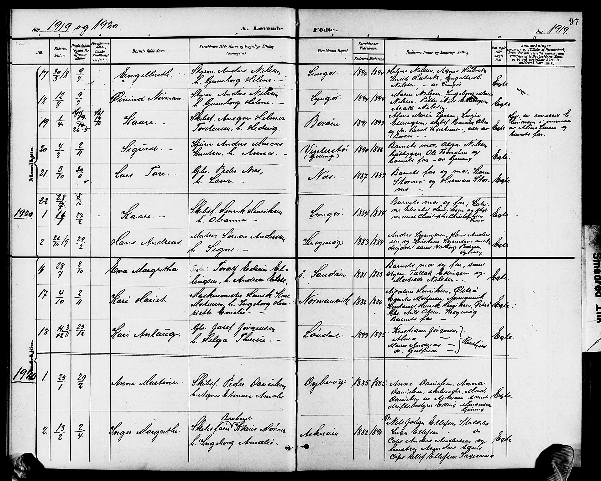 Dypvåg sokneprestkontor, AV/SAK-1111-0007/F/Fb/Fba/L0014: Parish register (copy) no. B 14, 1901-1922, p. 97