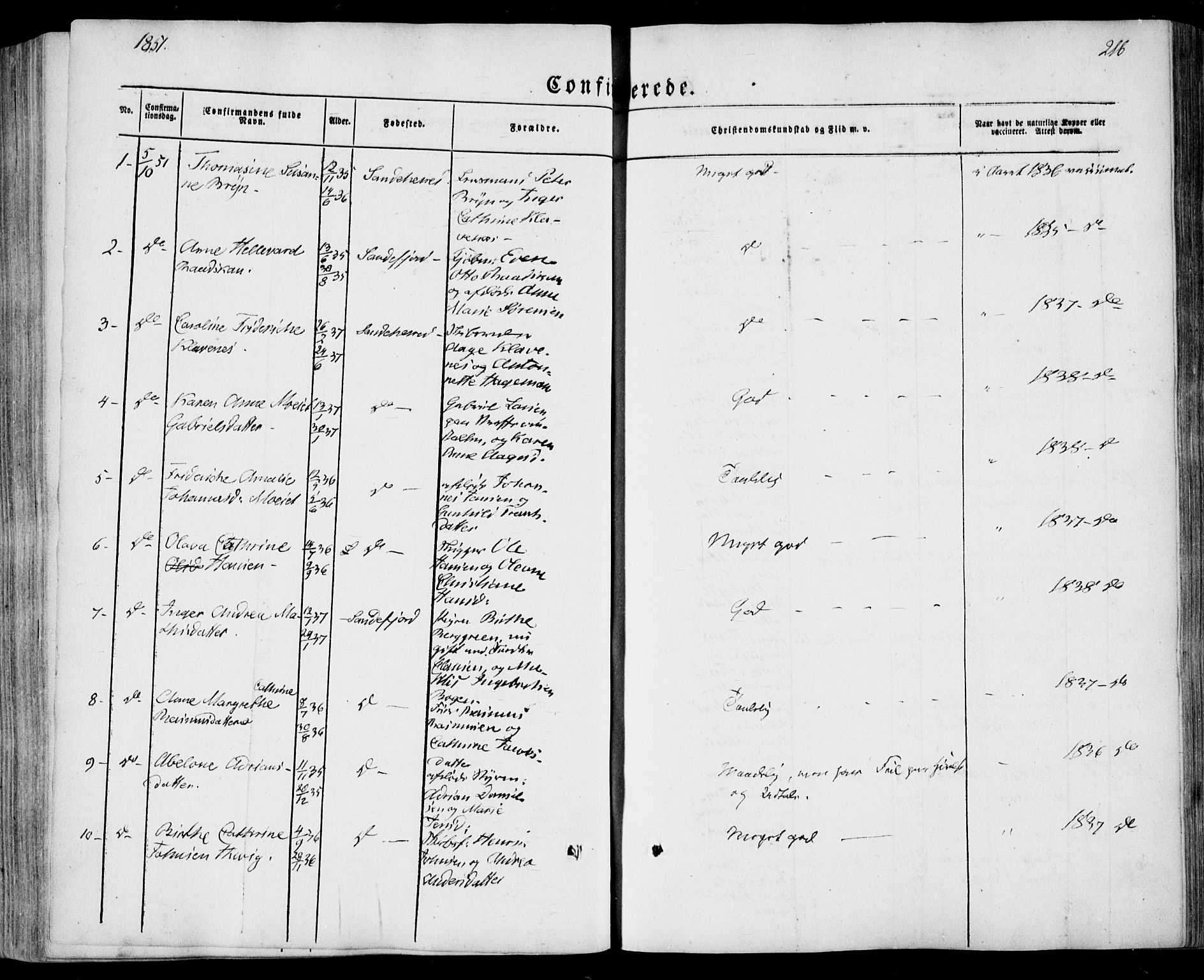 Sandar kirkebøker, SAKO/A-243/F/Fa/L0006: Parish register (official) no. 6, 1847-1860, p. 216