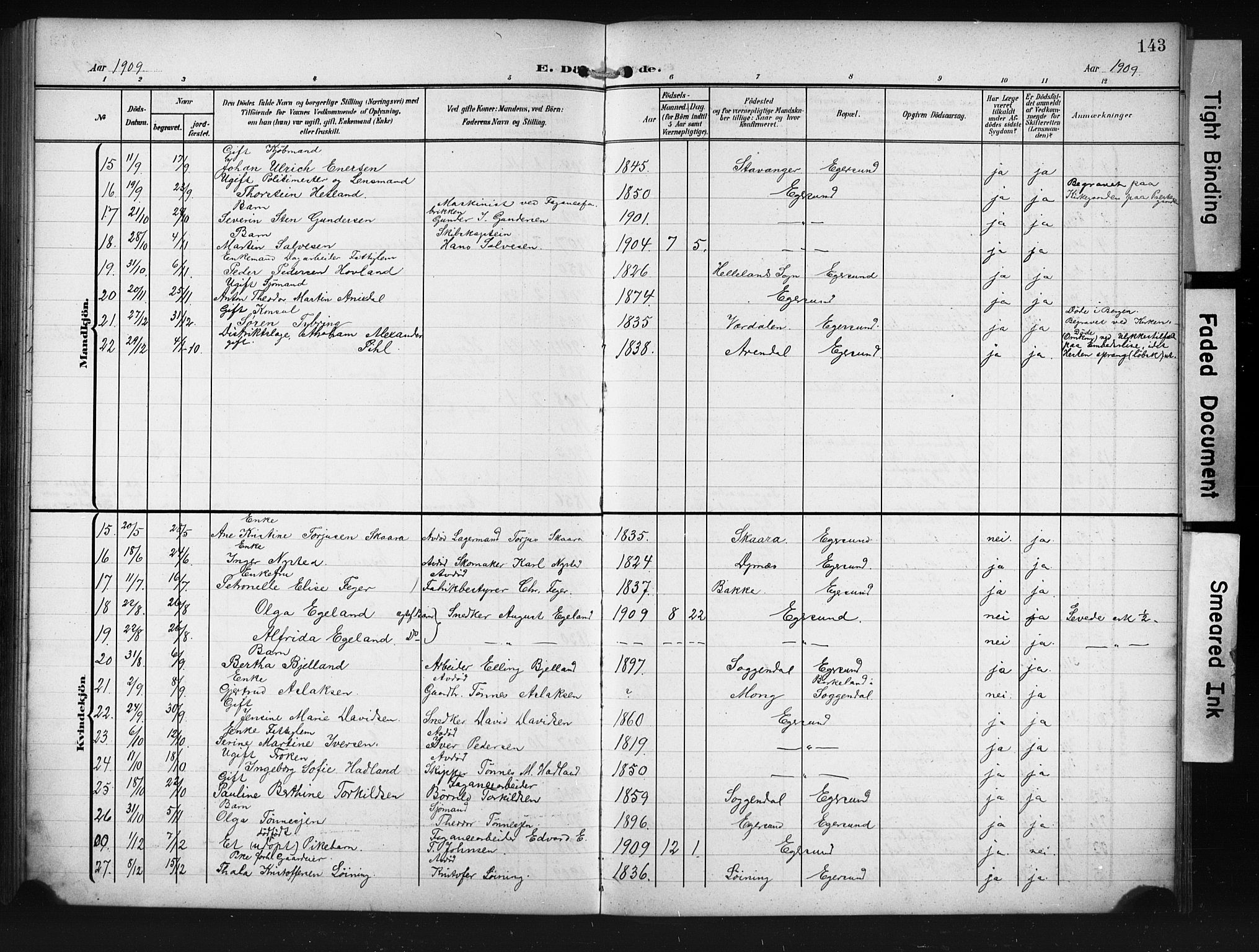 Eigersund sokneprestkontor, AV/SAST-A-101807/S09/L0012: Parish register (copy) no. B 12, 1908-1930, p. 143