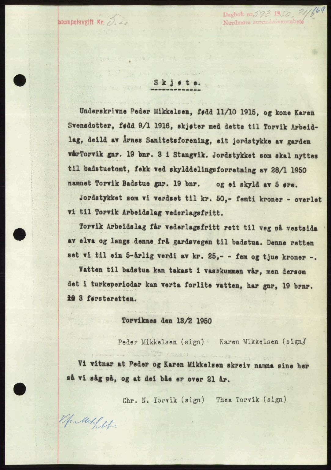 Nordmøre sorenskriveri, AV/SAT-A-4132/1/2/2Ca: Mortgage book no. A114, 1950-1950, Diary no: : 593/1950