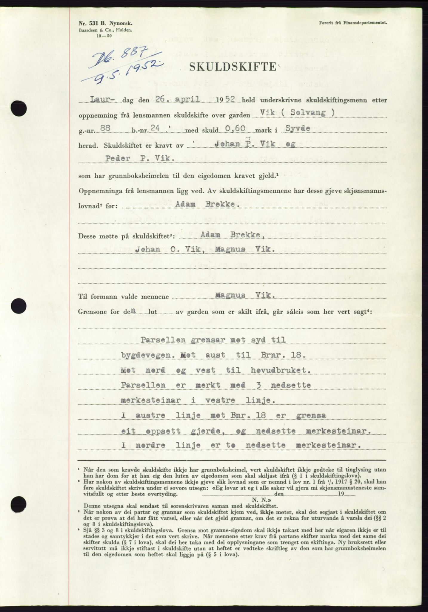 Søre Sunnmøre sorenskriveri, AV/SAT-A-4122/1/2/2C/L0092: Mortgage book no. 18A, 1952-1952, Diary no: : 887/1952