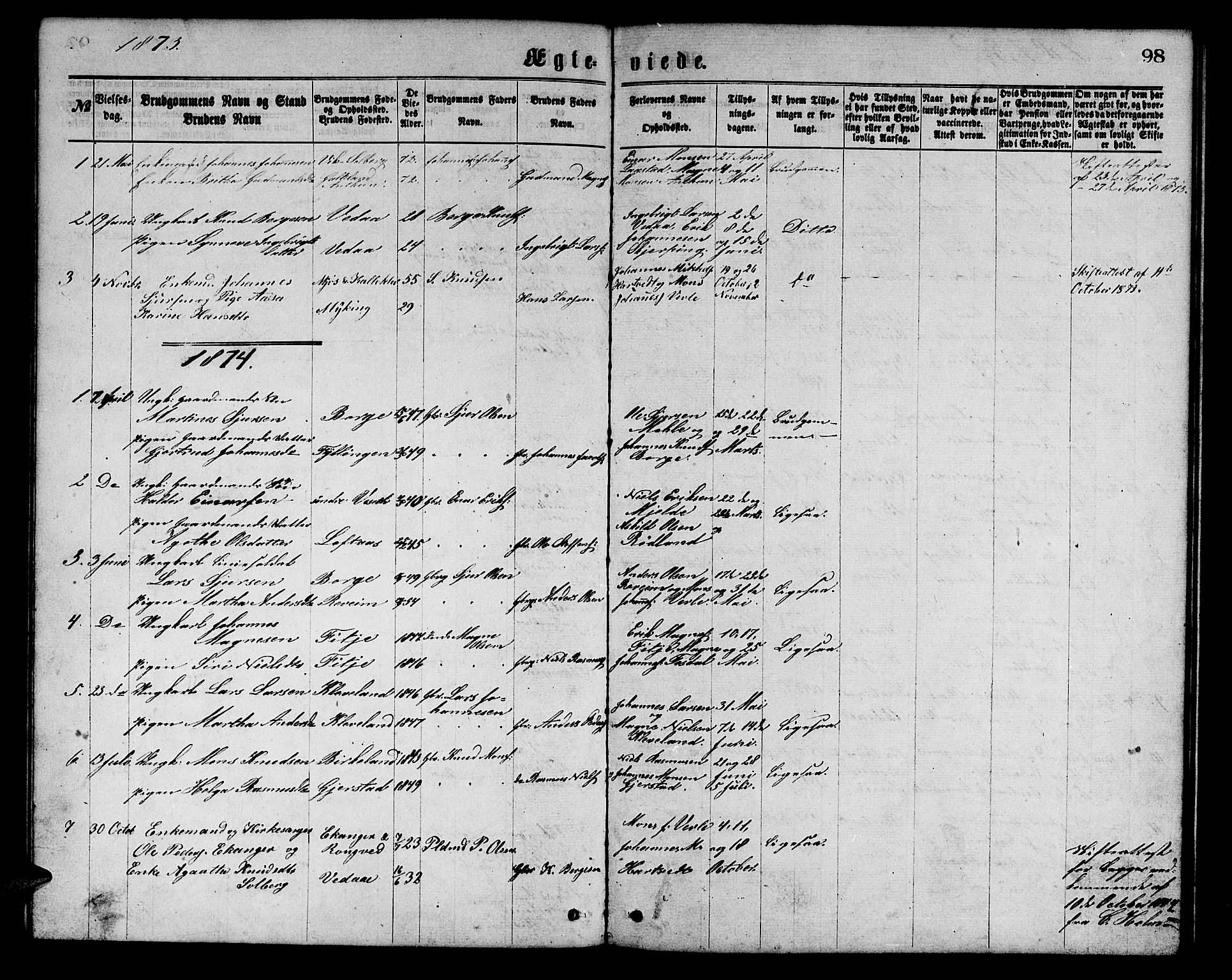 Haus sokneprestembete, AV/SAB-A-75601/H/Hab: Parish register (copy) no. C 1, 1869-1878, p. 98