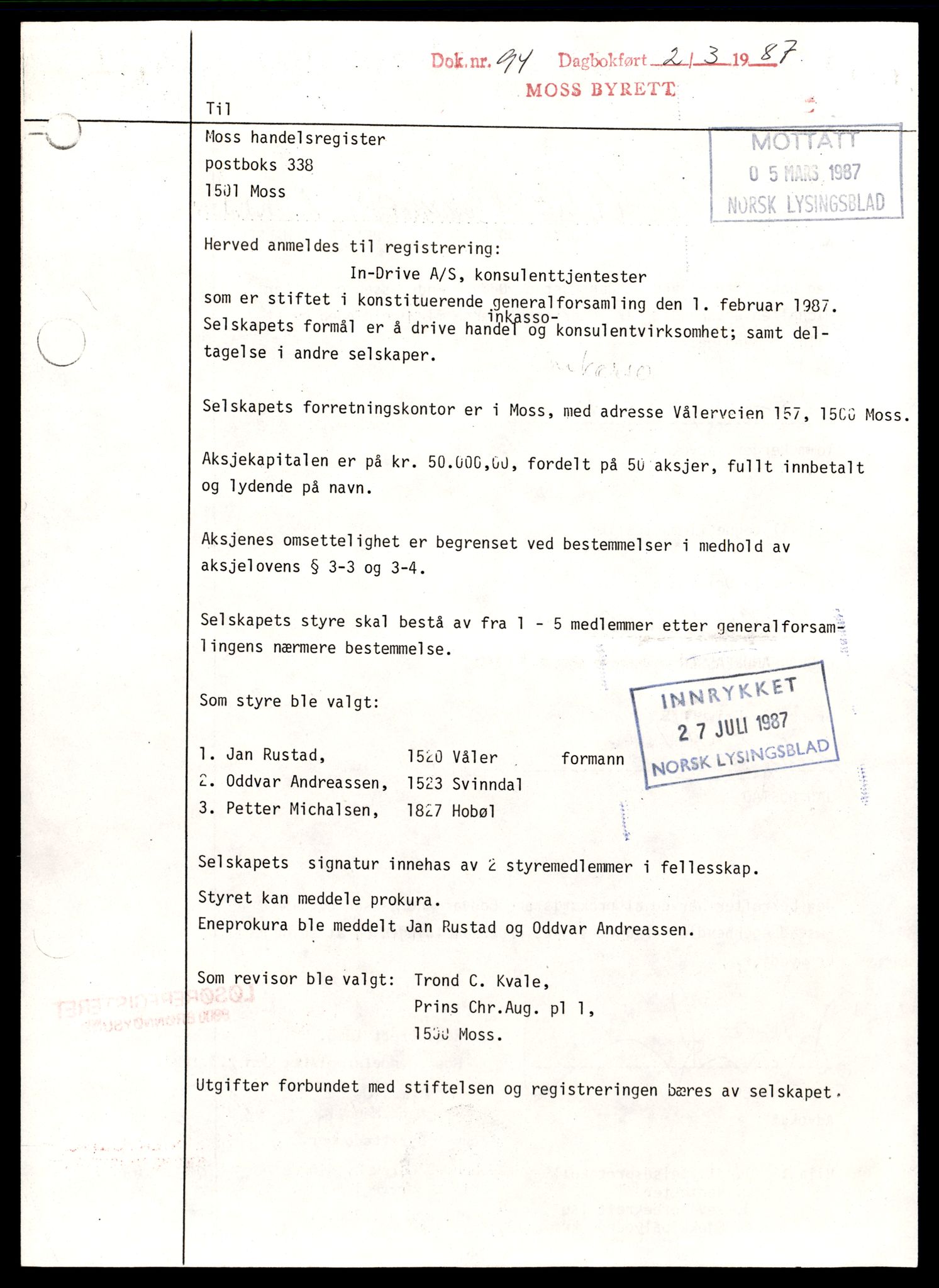Moss tingrett, SAT/A-10063/K/Ka/Kab/L0016: Slettede og konverterte firmaer, Ind - Jel, 1890-1943, p. 1