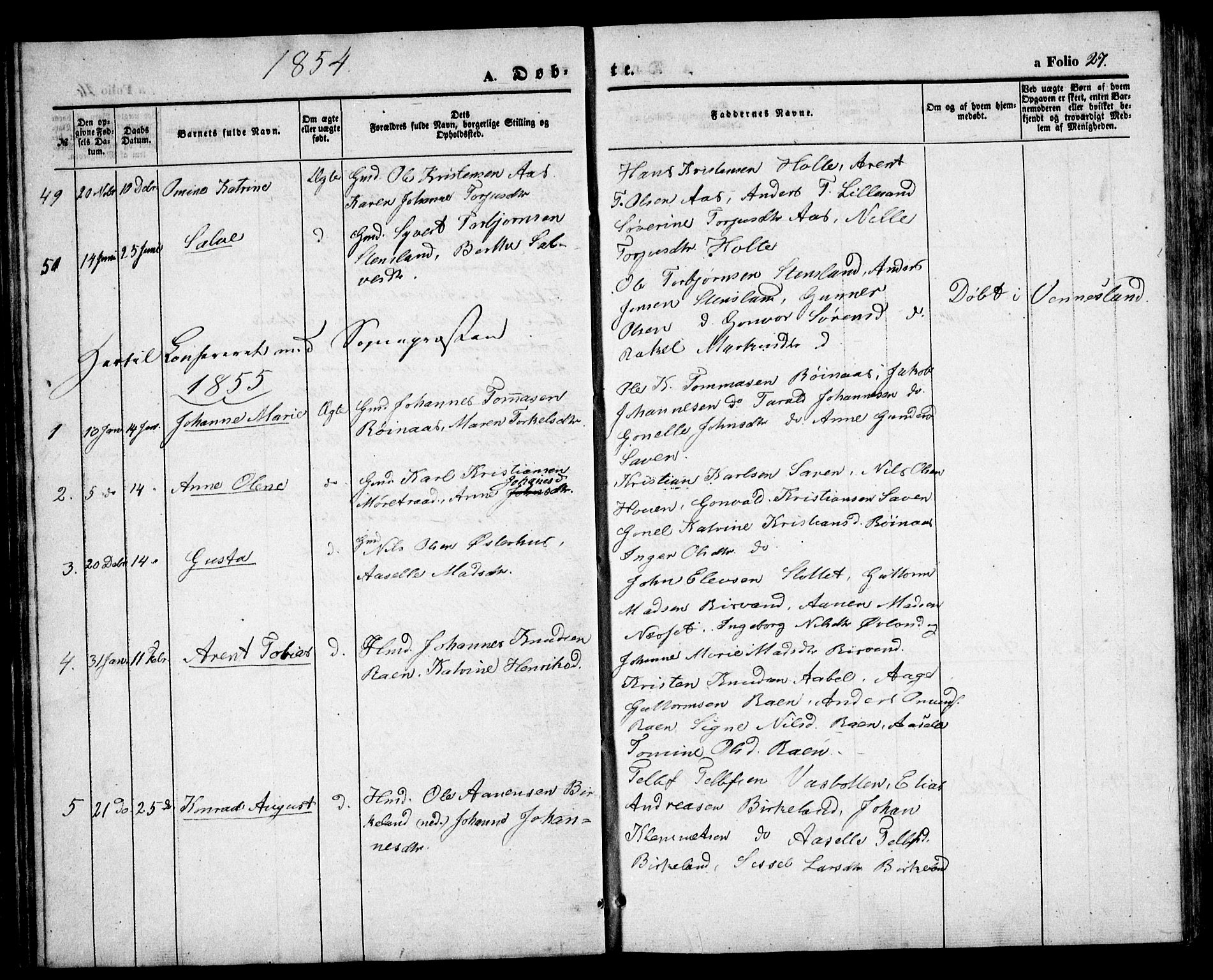 Birkenes sokneprestkontor, SAK/1111-0004/F/Fb/L0002: Parish register (copy) no. B 2, 1849-1876, p. 27