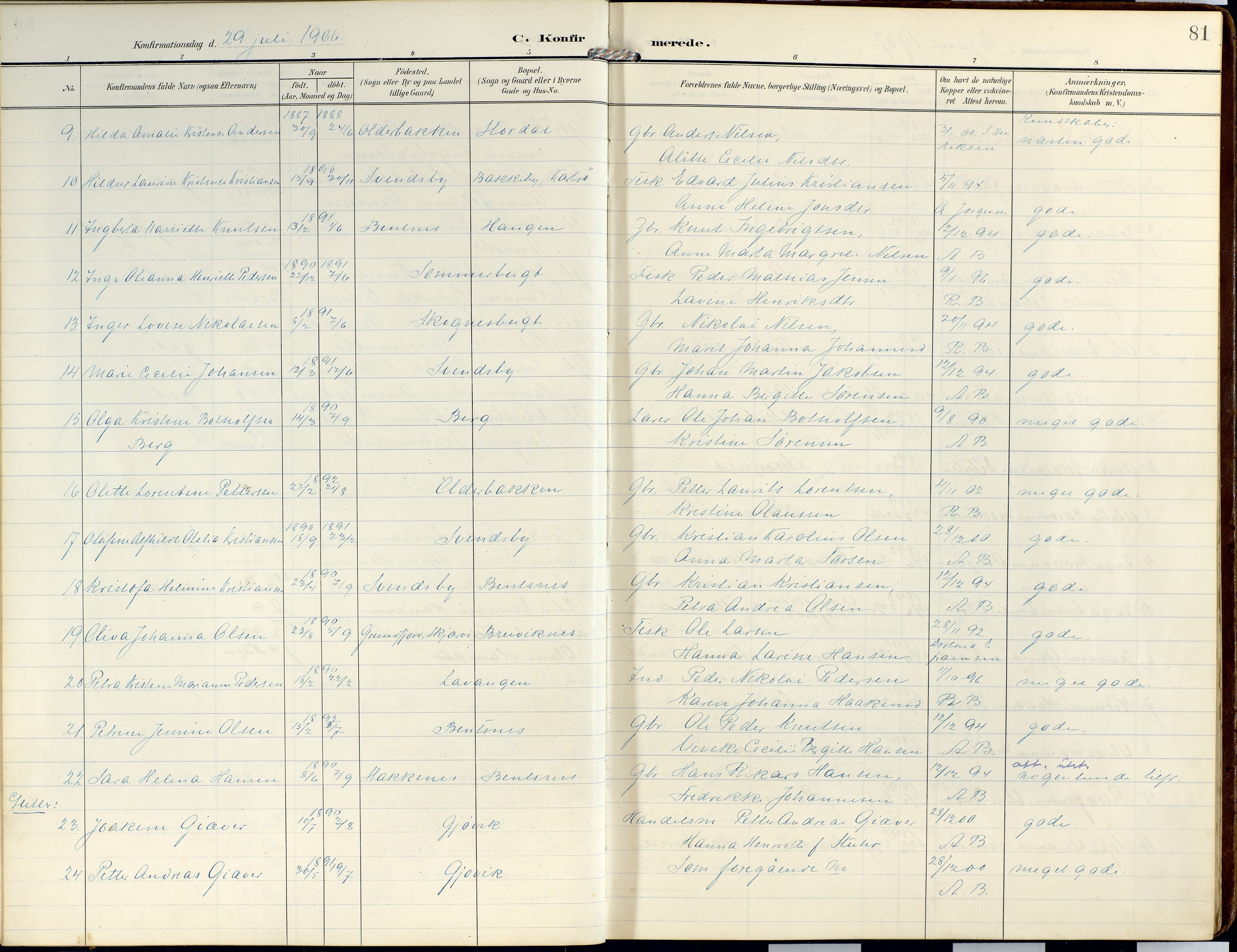 Lyngen sokneprestembete, SATØ/S-1289/H/He/Hea/L0014kirke: Parish register (official) no. 14, 1905-1920, p. 81