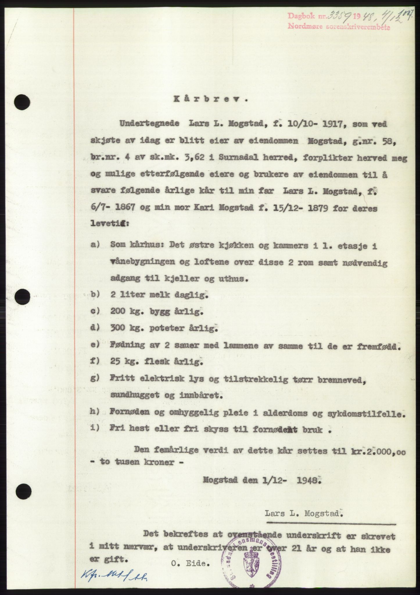 Nordmøre sorenskriveri, AV/SAT-A-4132/1/2/2Ca: Mortgage book no. B100, 1948-1949, Diary no: : 3359/1948