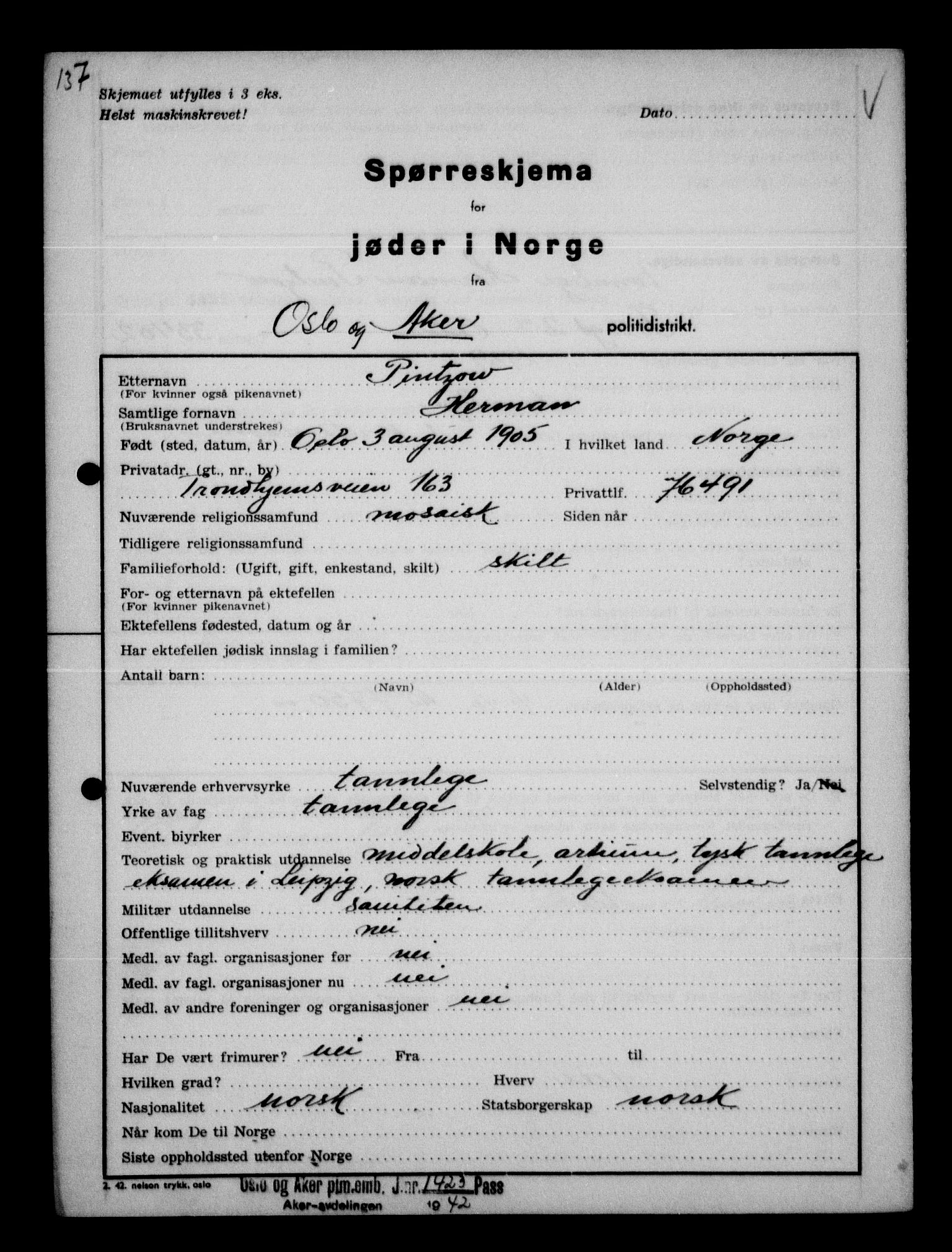 Statspolitiet - Hovedkontoret / Osloavdelingen, AV/RA-S-1329/G/Ga/L0012: Spørreskjema for jøder i Norge. 1: Aker 114- 207 (Levinson-Wozak) og 656 (Salomon). 2: Arendal-Hordaland. 3: Horten-Romerike.  , 1942, p. 72