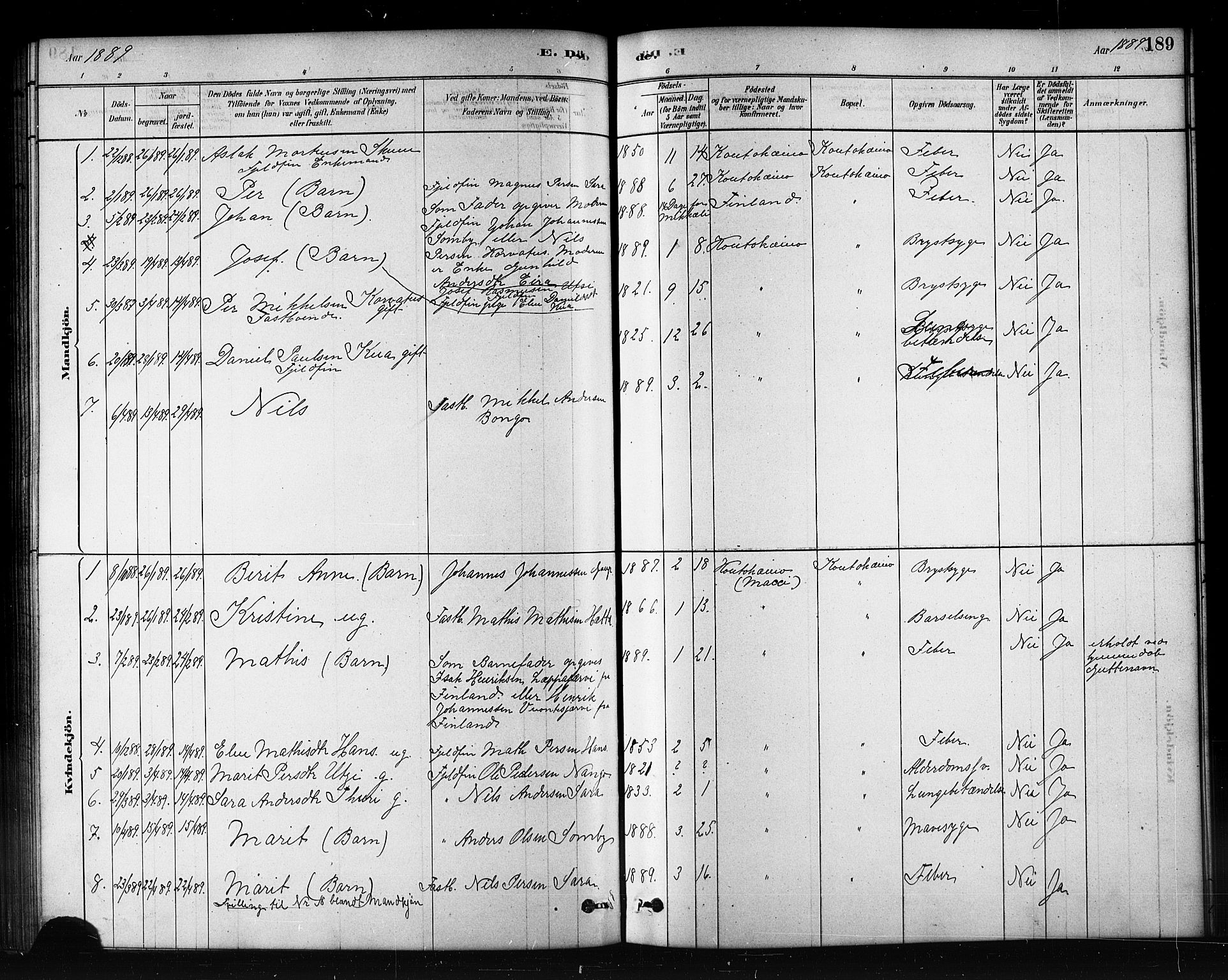 Kautokeino sokneprestembete, AV/SATØ-S-1340/H/Hb/L0002.klokk: Parish register (copy) no. 2, 1877-1896, p. 189