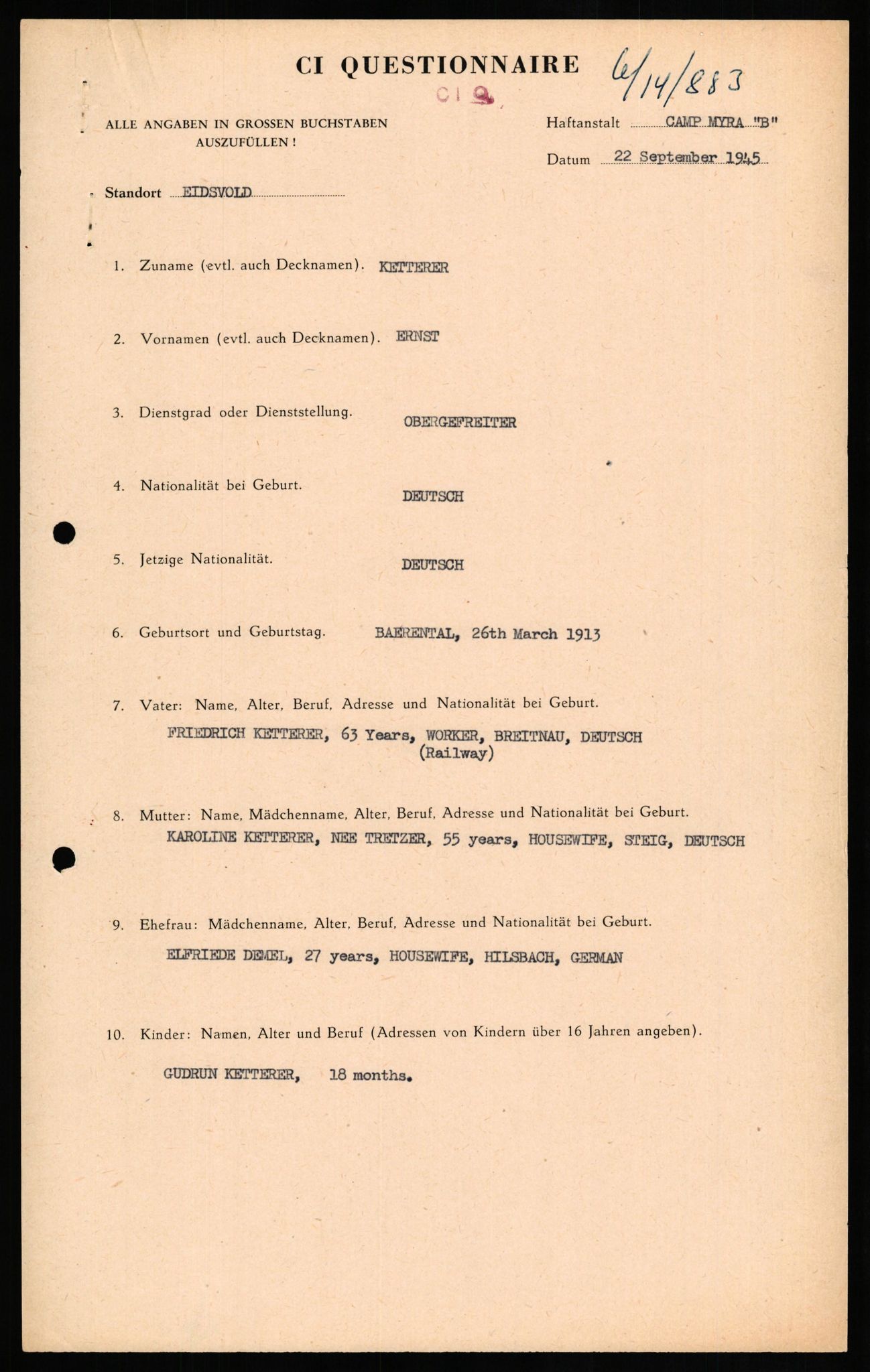 Forsvaret, Forsvarets overkommando II, AV/RA-RAFA-3915/D/Db/L0016: CI Questionaires. Tyske okkupasjonsstyrker i Norge. Tyskere., 1945-1946, p. 692